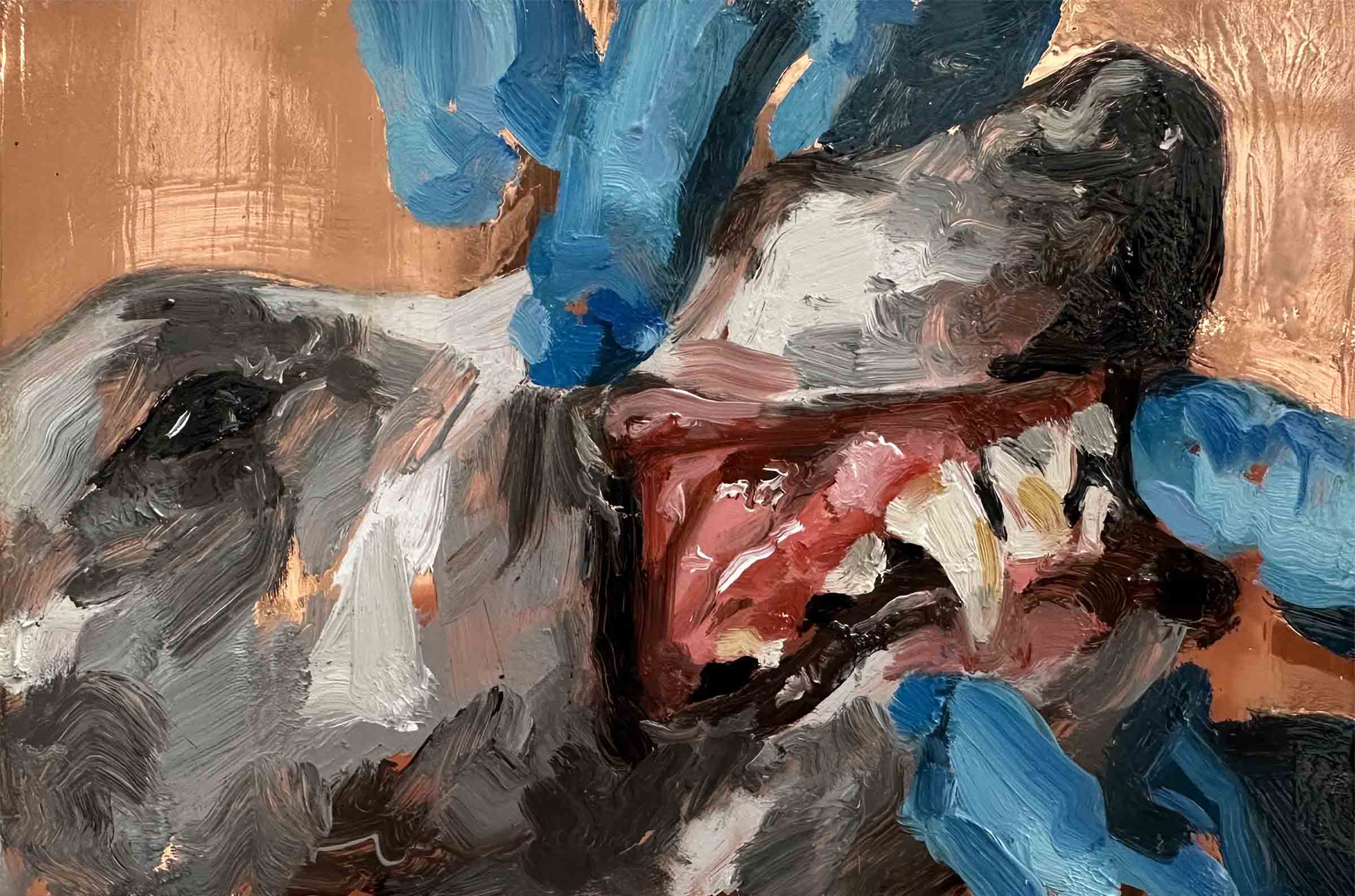 oil painting of dog having teeth examined by a blue gloved hand on copper panel