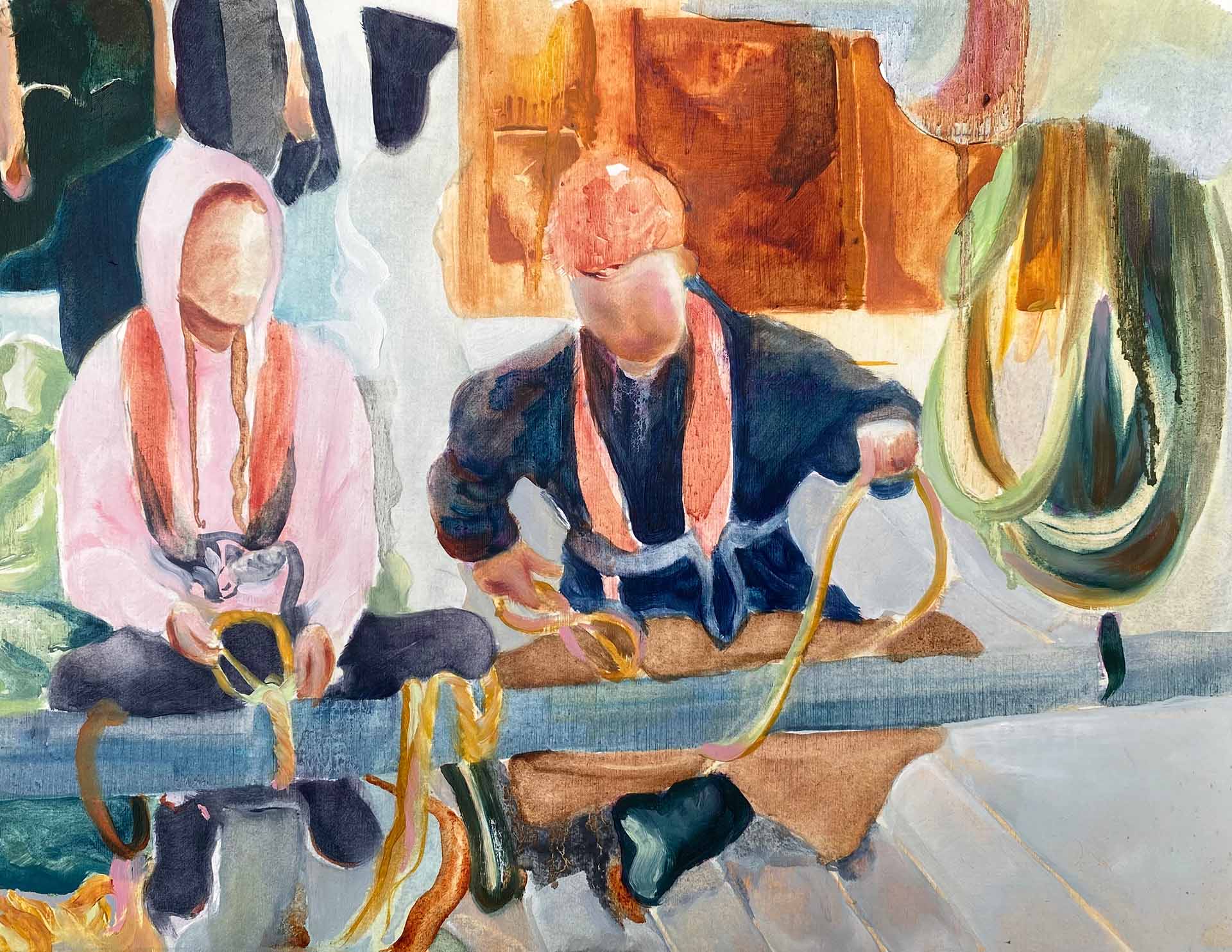 Oil painting of two people tying knots. 