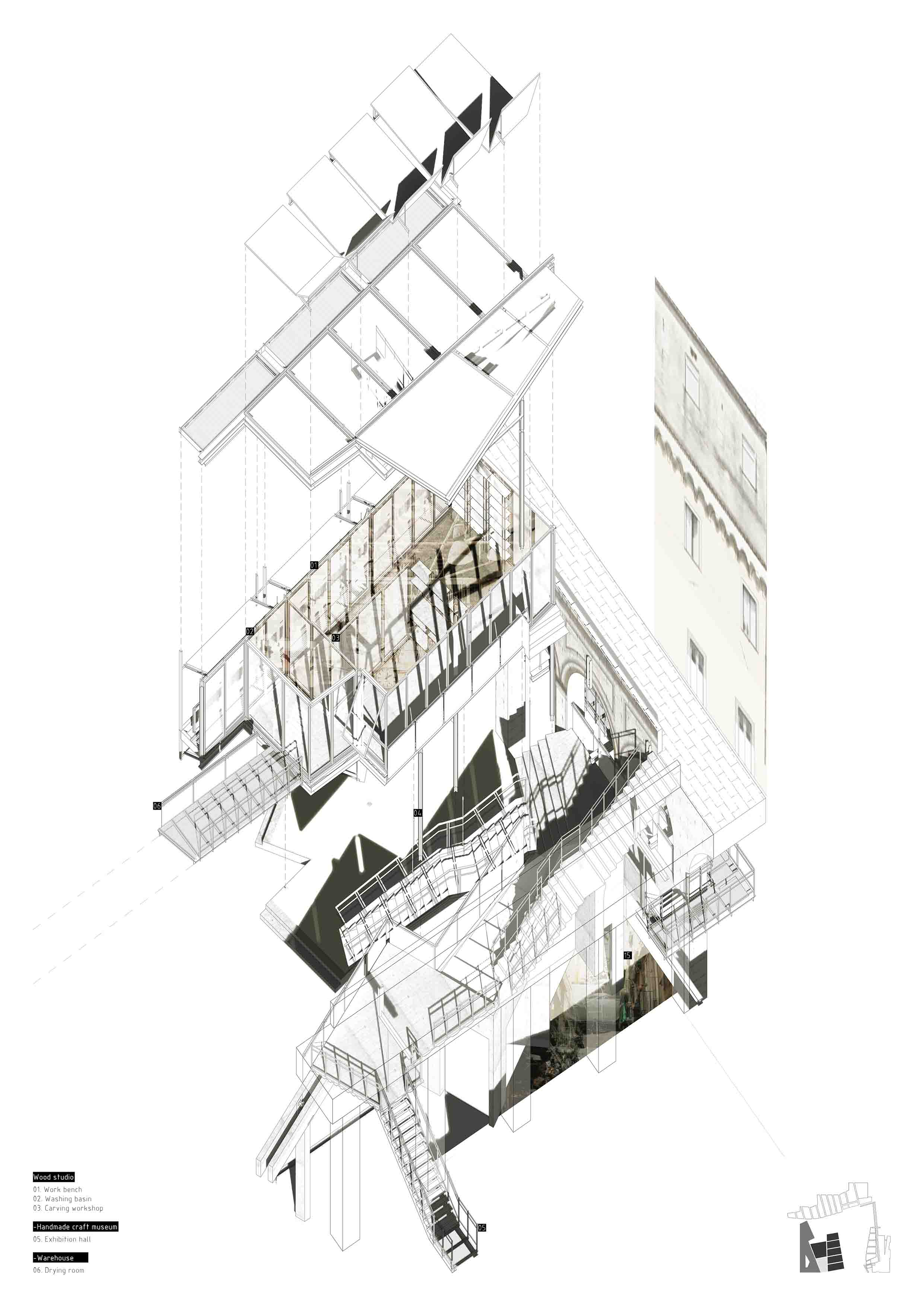 Craft Market - axonometric of wood studio.
