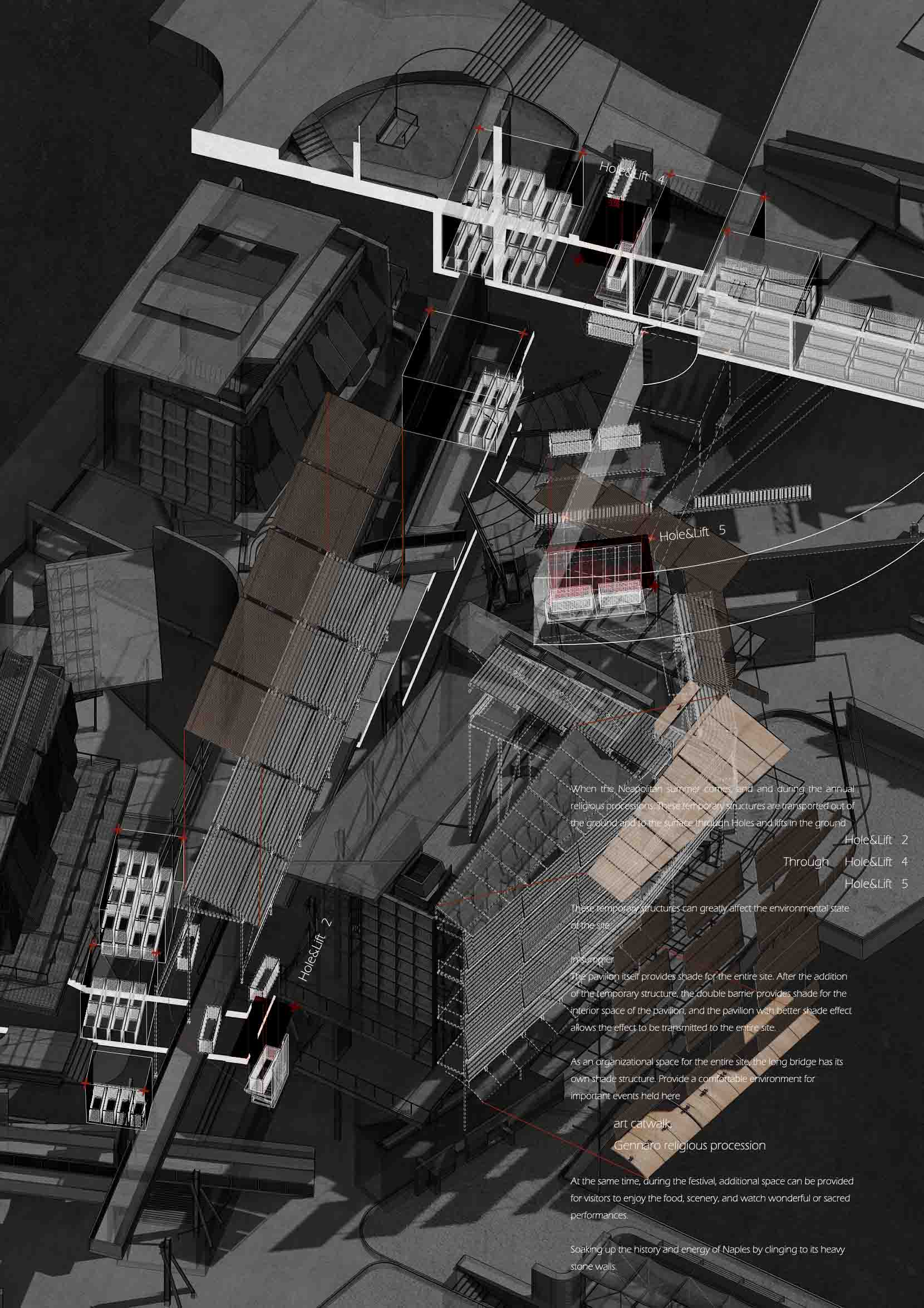 Exploded drawing of Naples Art College (schematic diagram of temporary installation).