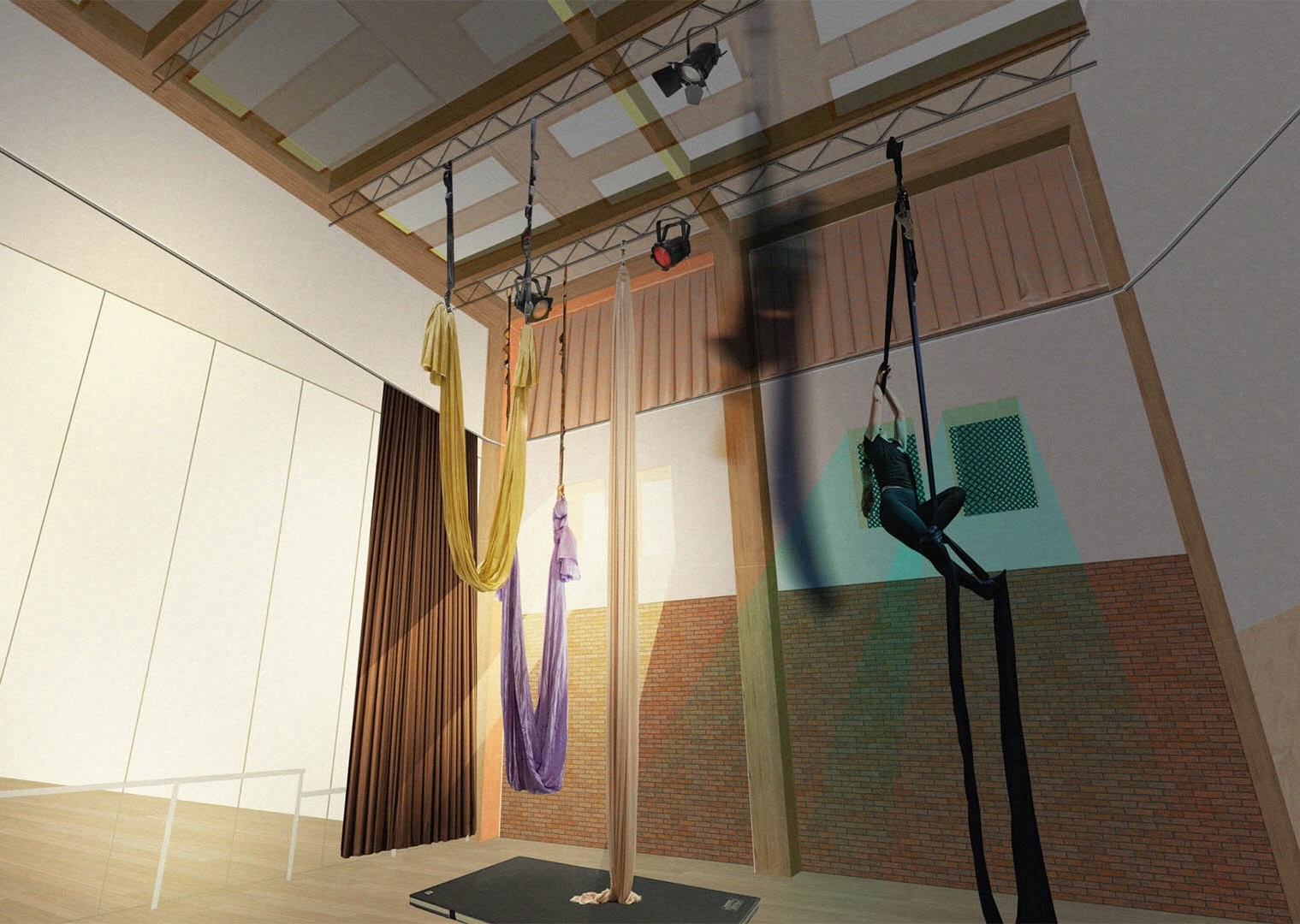 Render of Aerial Studio showing mirror, curtain, floor, mat, natural light, exposed brick wall and mesh covered window. 