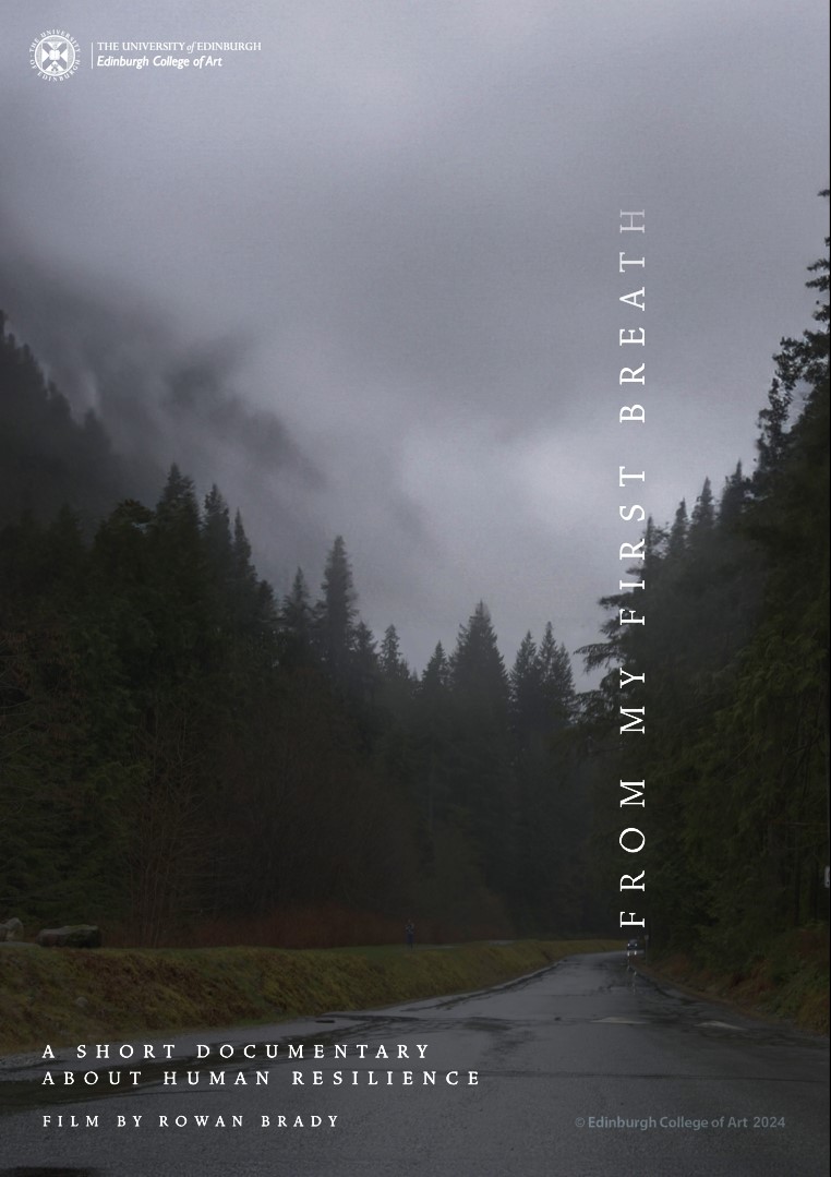 Film poster of a road through pine trees - For film 'From my first breath'