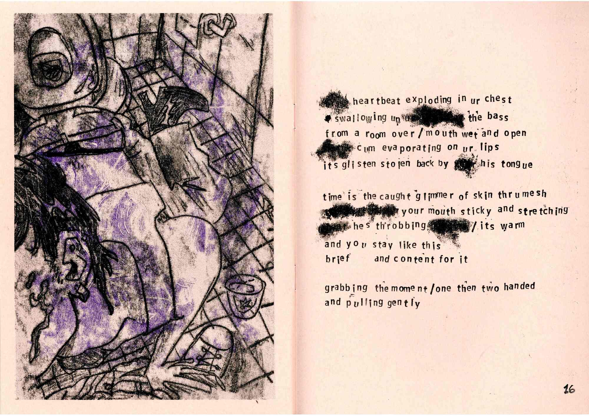 The left page is a black monoprint illustration with a purple monoprint texture in the background on pink paper. It shows a kneeling figure from above, with the face out of view. The figure is kneeling on the floor, with a toilet and loo roll holder in a skewed perspective behind them. The right page shows a letter-stamped poem, with some words smudged out.