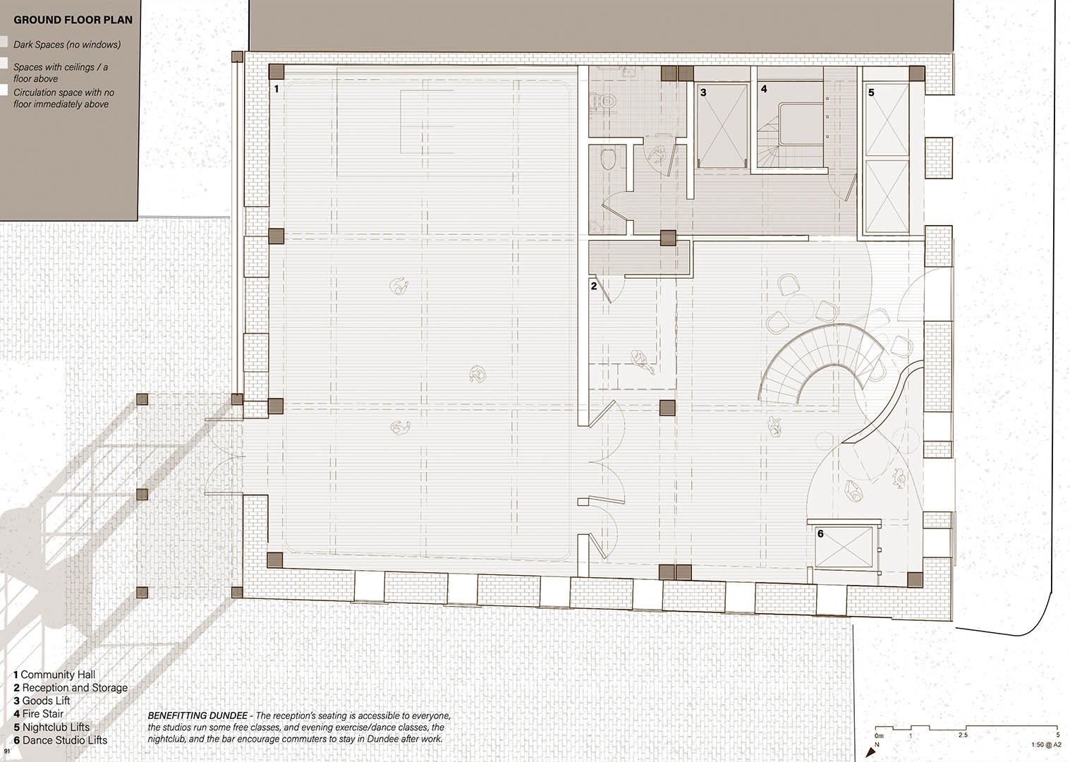 Ground Floor Plan showing community hall, reception and storage, goods lift, fire stair, nightclub lifts, and dance studio lifts.