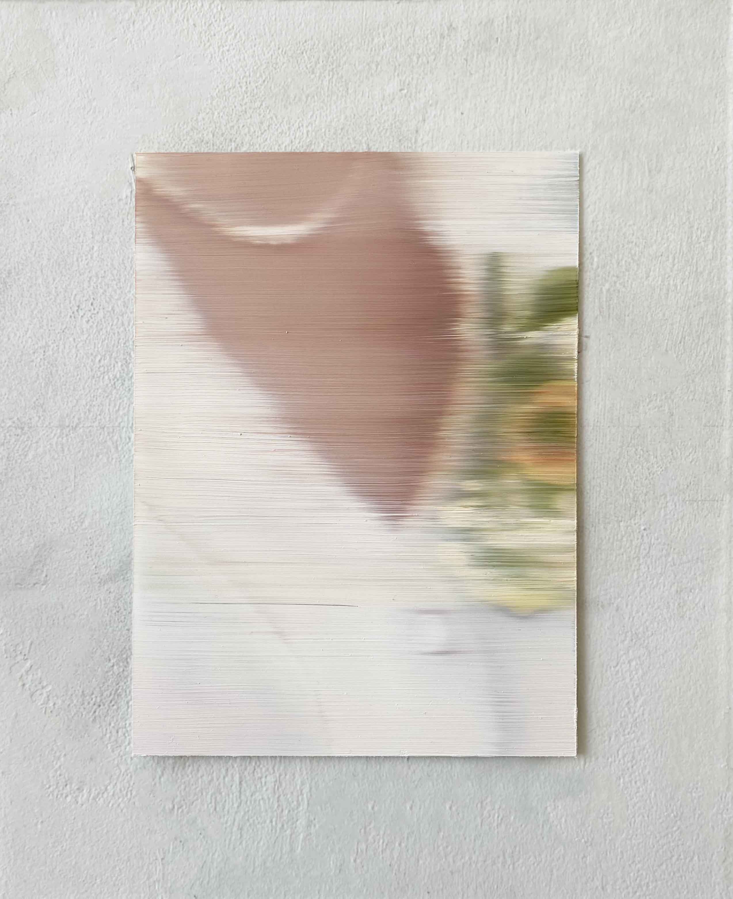 blurry painting on glass of woman's boutonniere and pearl necklace 