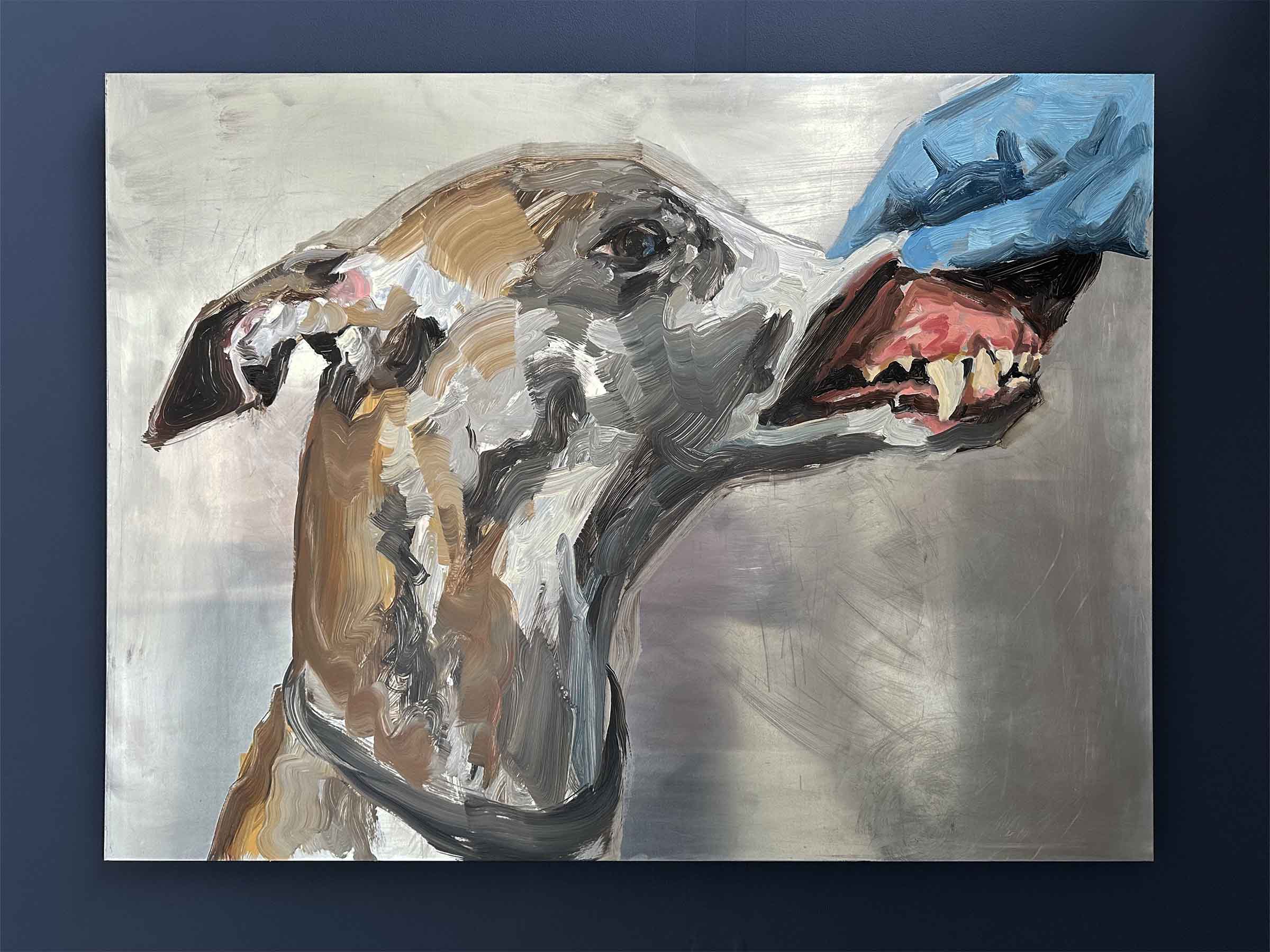 oil painting of dog having teeth examined by a blue gloved hand on aluminium panelg