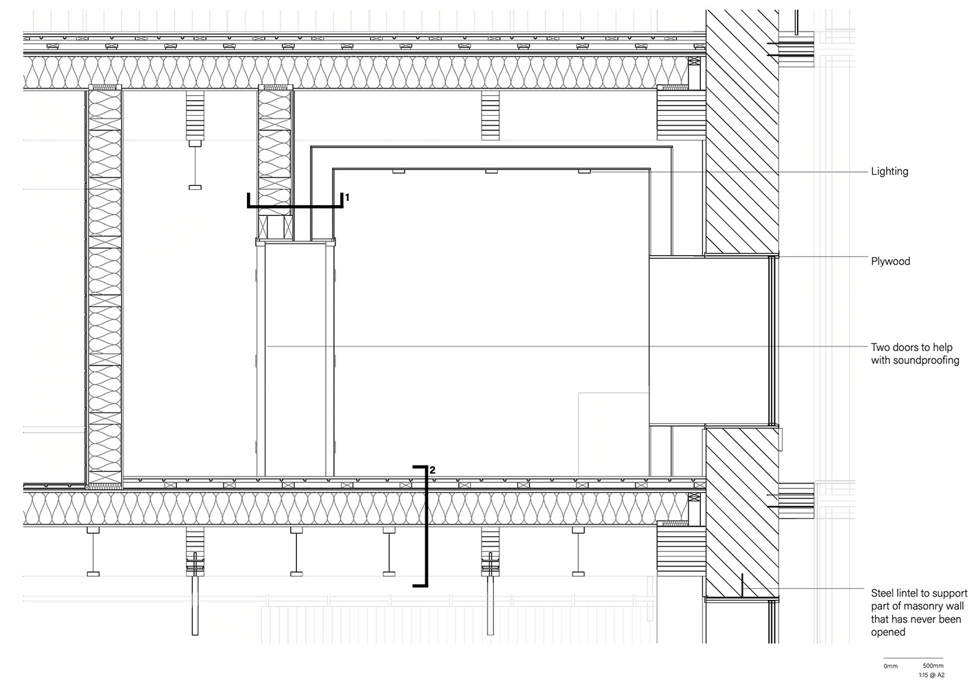 Technical drawing of music production studio showing double layered walls and doors, and materials such as plywood, insulation, etc.