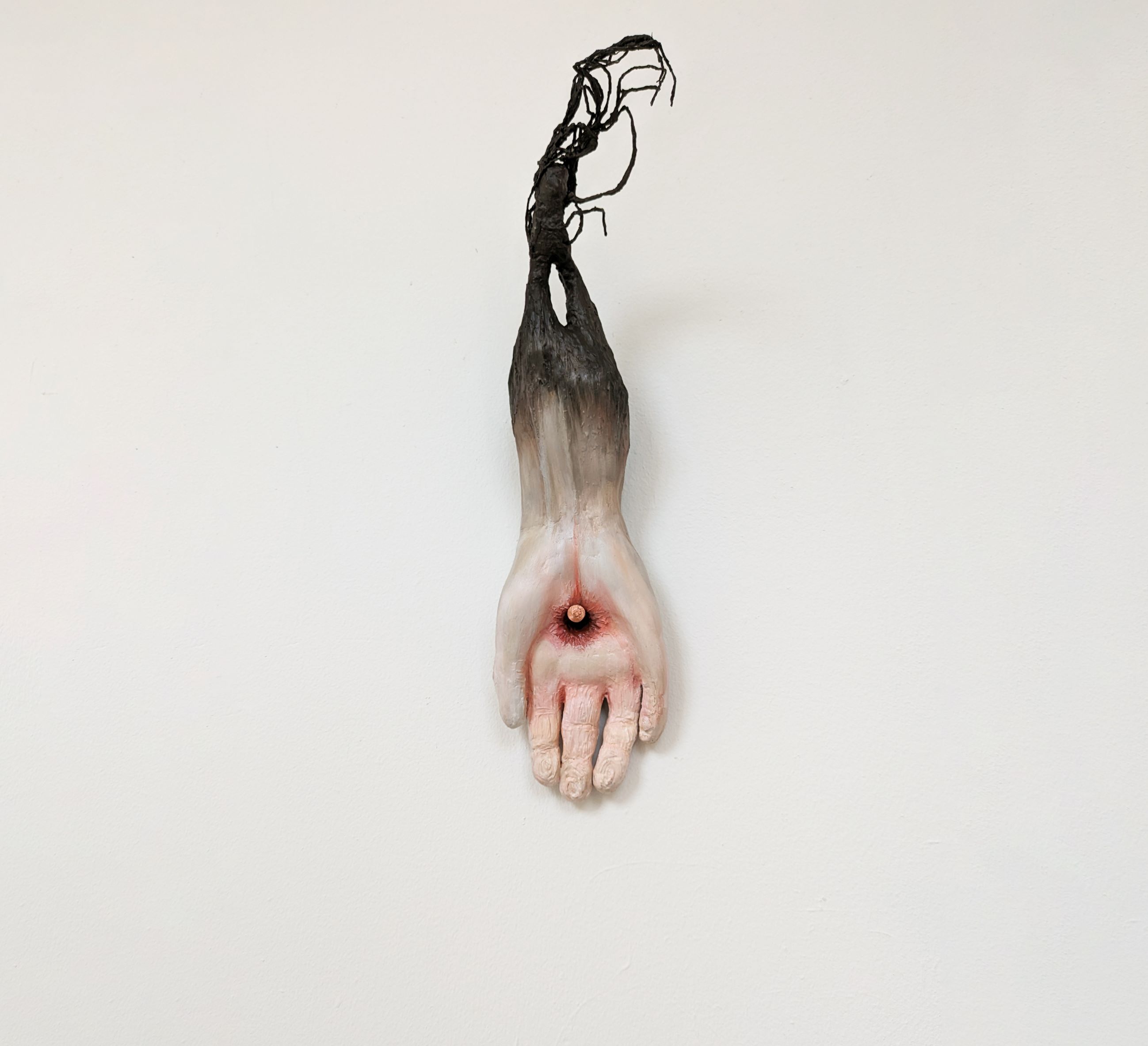 Human hand growing from tree root, with stigmata wound on palm.
