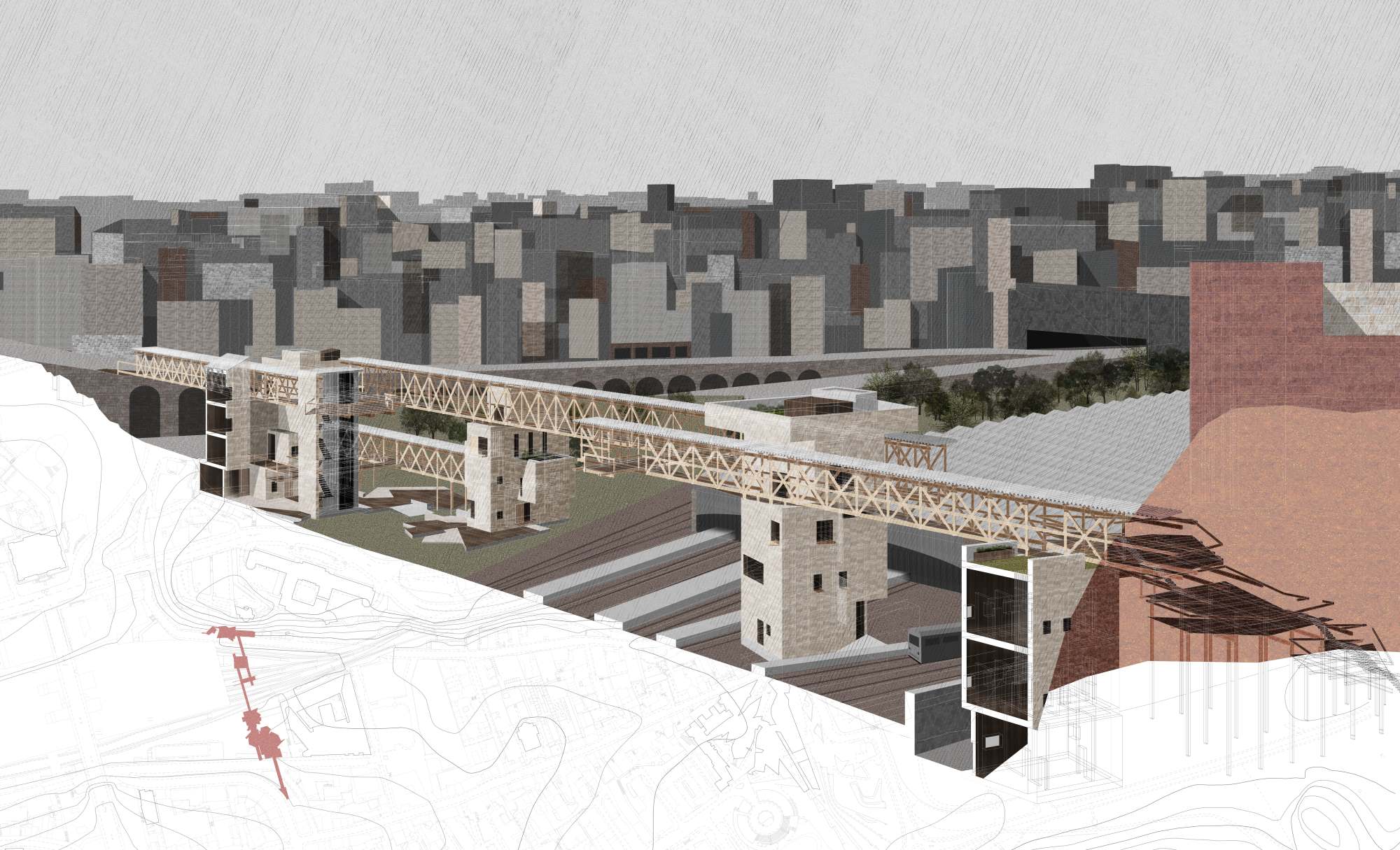 Perspective Site Section: Material collage