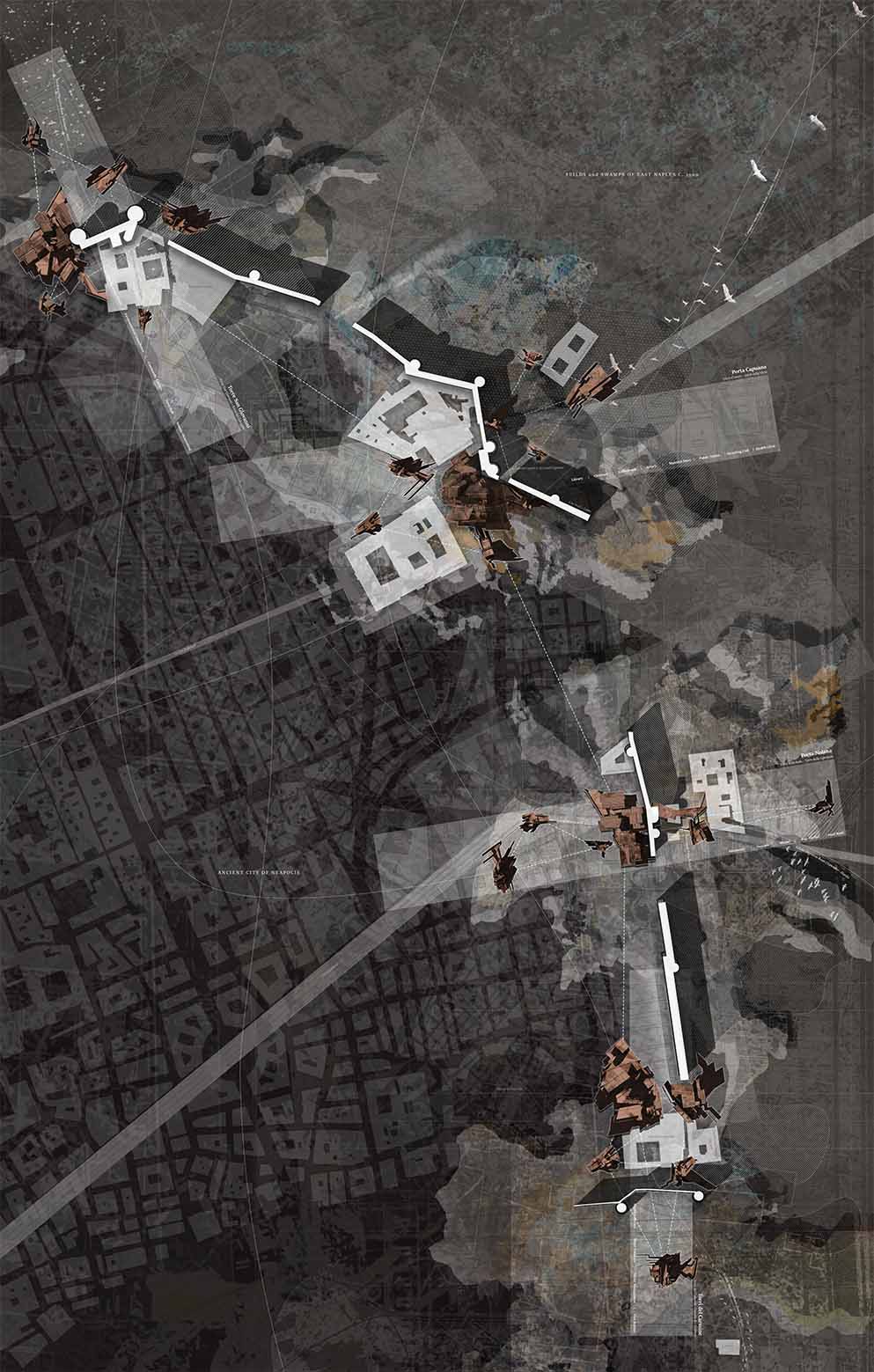 A series of Gatehouses re-imagine the two historical operations of the city wall - separation and exchange - to define the threshold of a new type of space for the city: an extended (im)material interstice, providing pathways for people, goods, animals, vegetation, and water. The Gatehouse architectures orbit and operate in relation to new community buildings grounded within the wetlands. Casting-In (Im)Material Ground describes the extent of the hypothesised constellation of ecological sites for Naples.