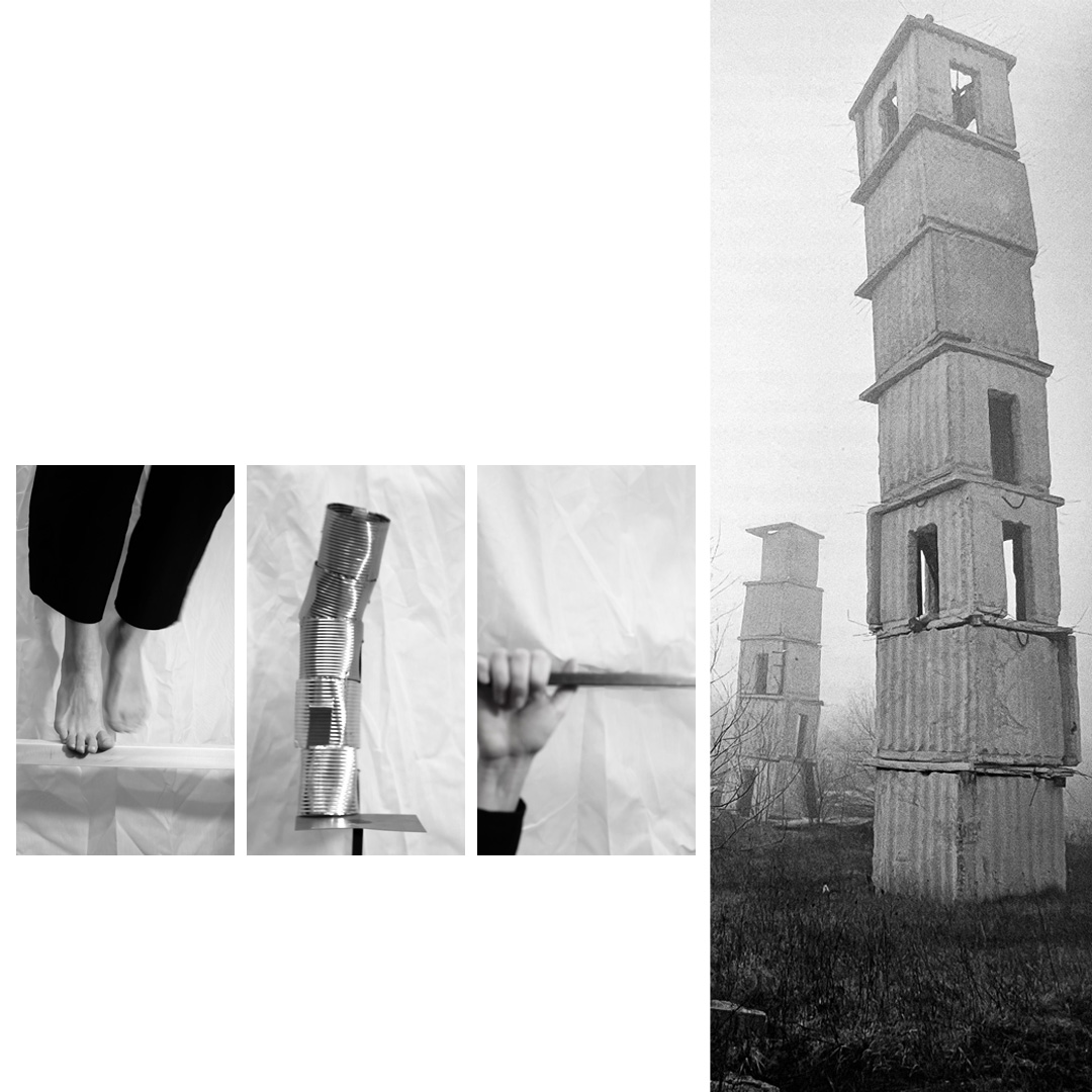 on the right: Kiefer's stumbling tower in the fields of bardic, on the left: three smaller images of a stumbling feet, stumbling tower made of been cans, and a hand holding on to the bar