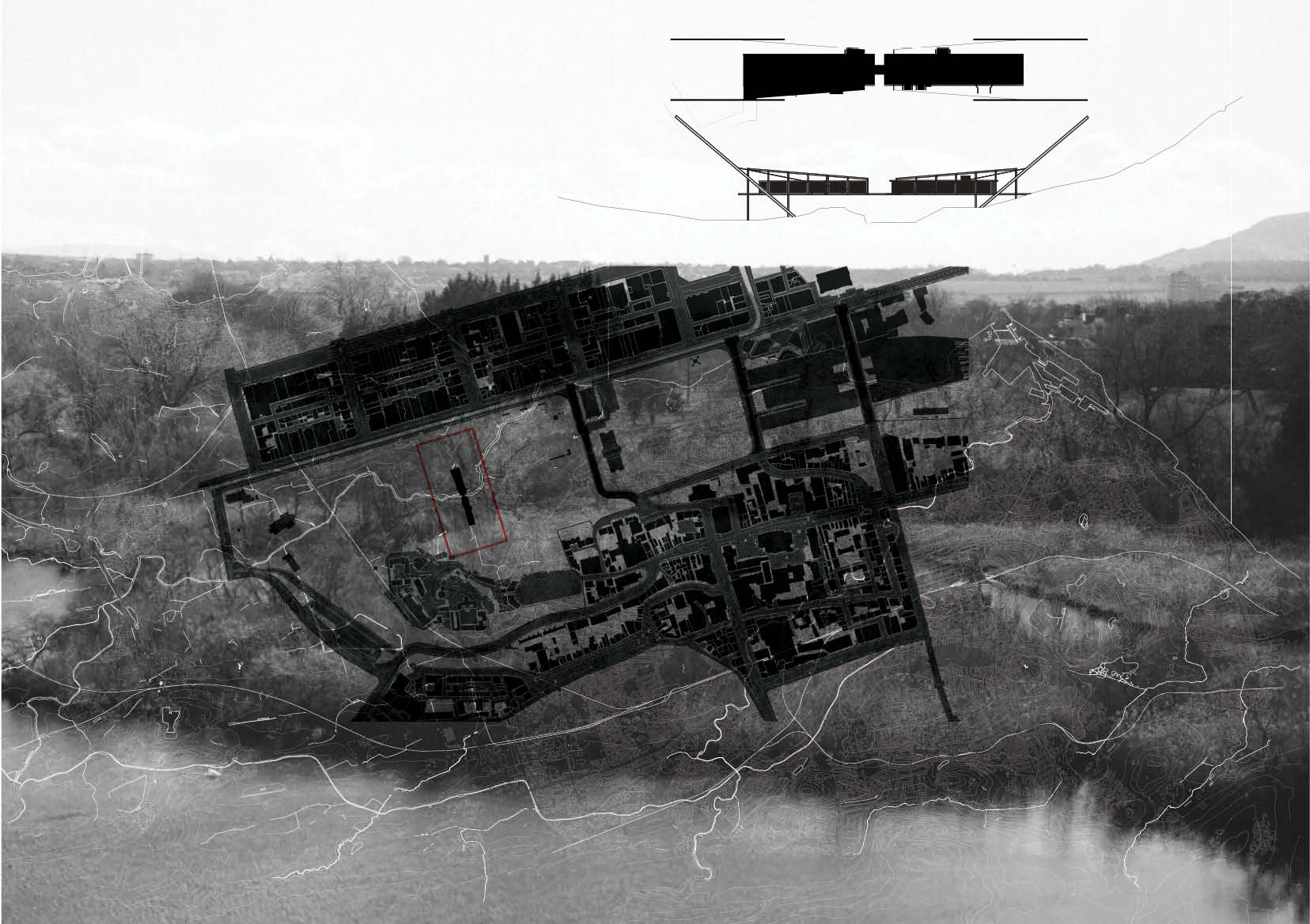 Image of Site Map and Silhouetted Design Within Marshland Background