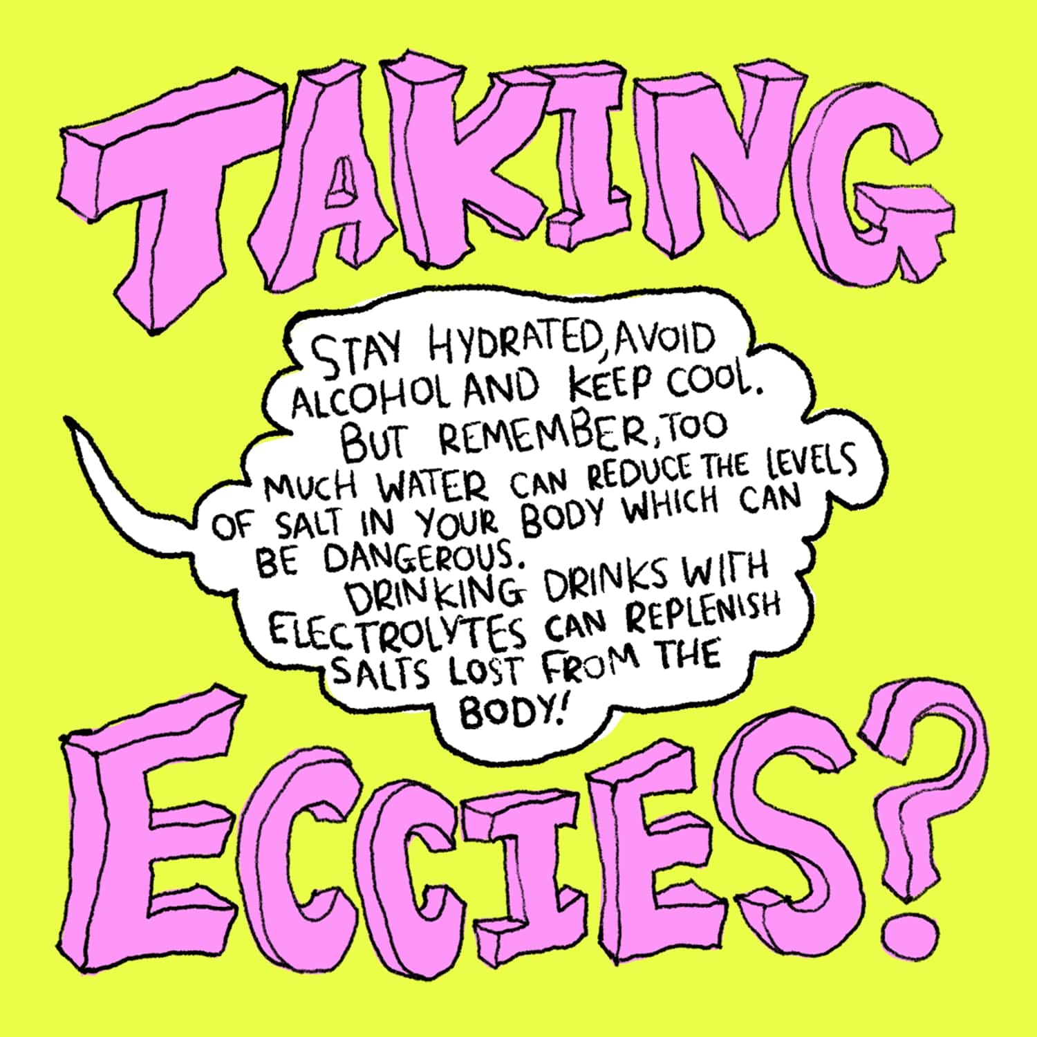 Yellow graphic with "taking eccies?" in pink writing. In between is a speech bubble with harm reduction advice for ecstacy.
