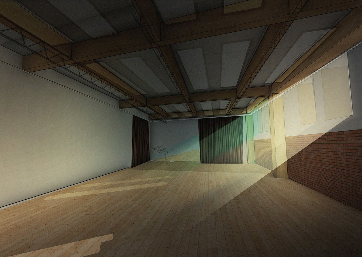 Render of community hall showing large space, glulam frame, natural light, mirror, curtain, exposed brick walls. 