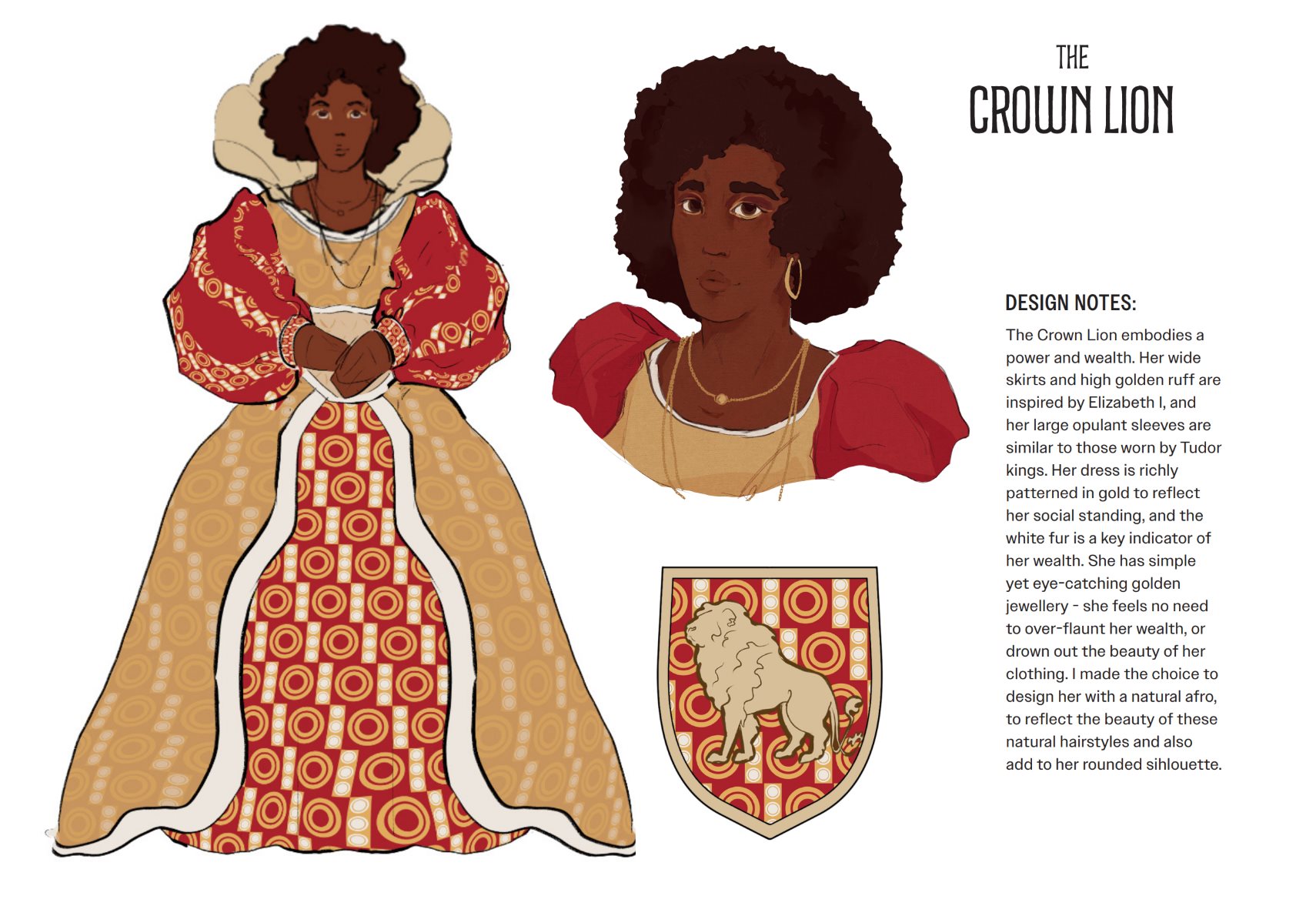 A character sheet of a monarch design. The woman is dressed in a golden Tudor gown and has dark skin and a natural afro.