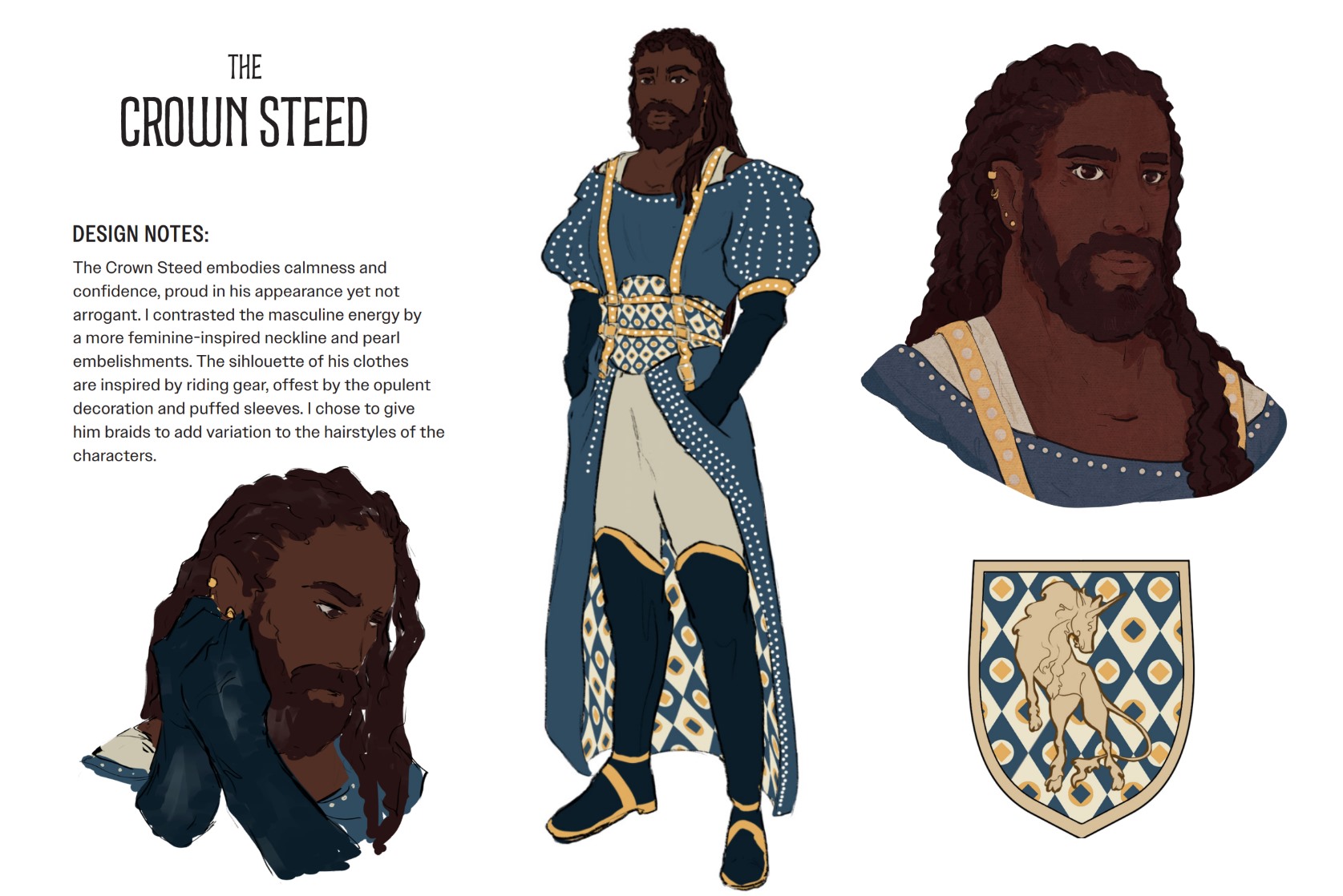 A character sheet of a monarch design. The man is stocky and has dark skin and long hair worn in braids.