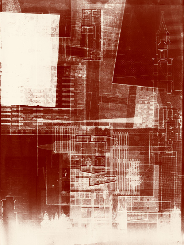 cyanotype print of the overlays of vertical skins on horizontal carpets