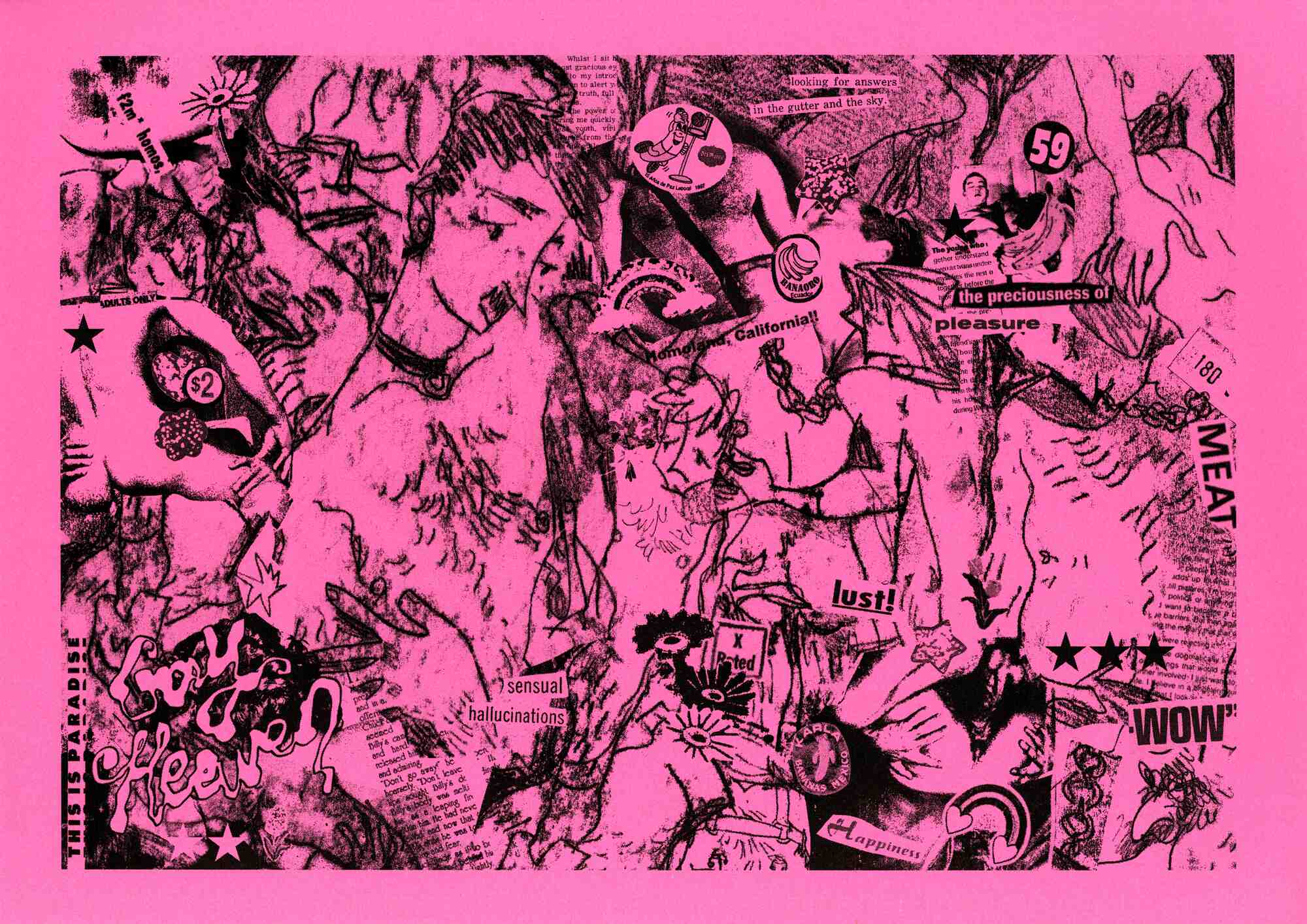 A collage of drawings, photos, text, and stickers, all lineart is black on bubblegum pink paper.