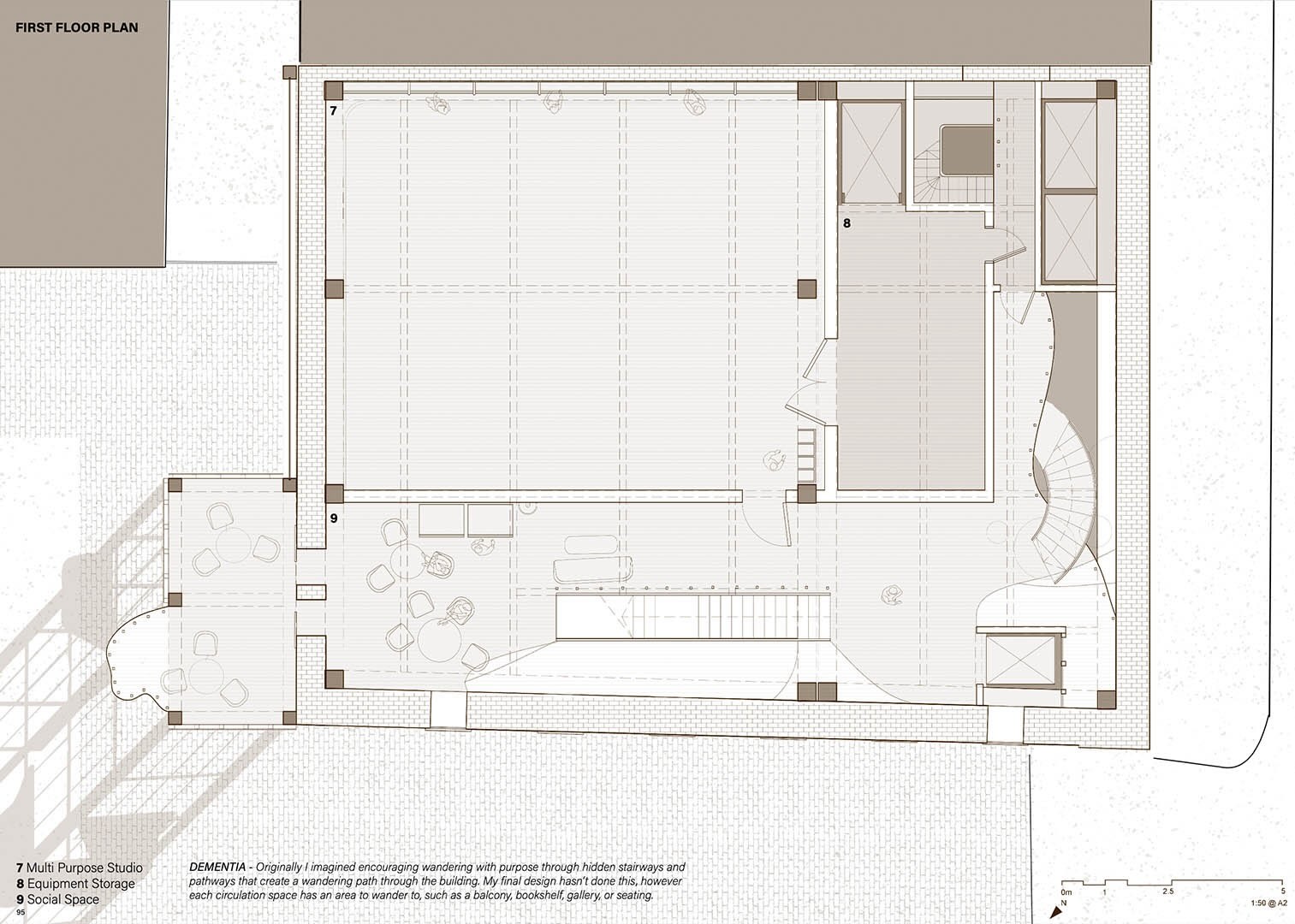 First Floor Plan showing multi purpose studio, equipment storage, and social space.