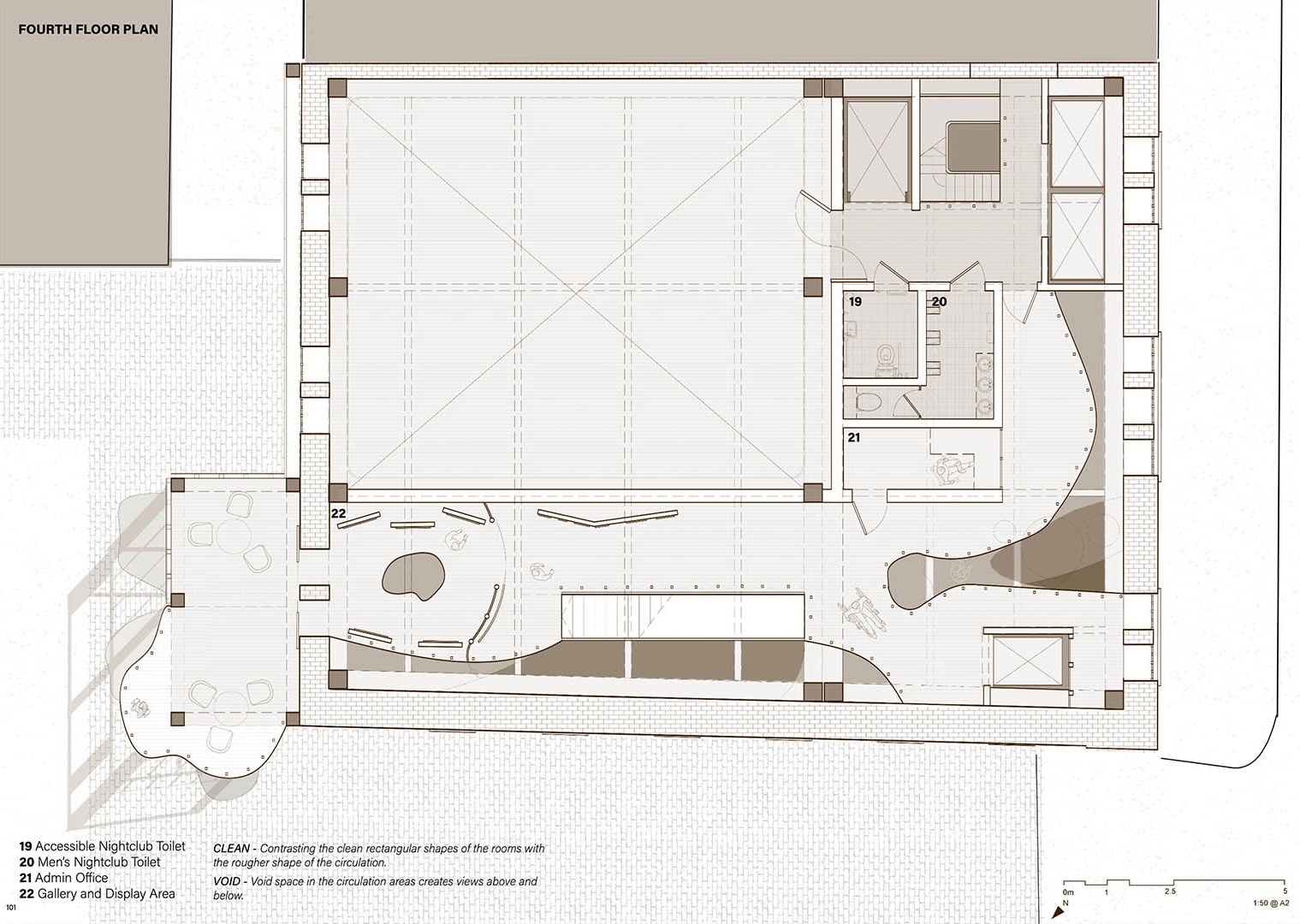 Fourth Floor Plan showing accessible nightclub toilet, men's nightclub toilet, admin office, gallery and display area.