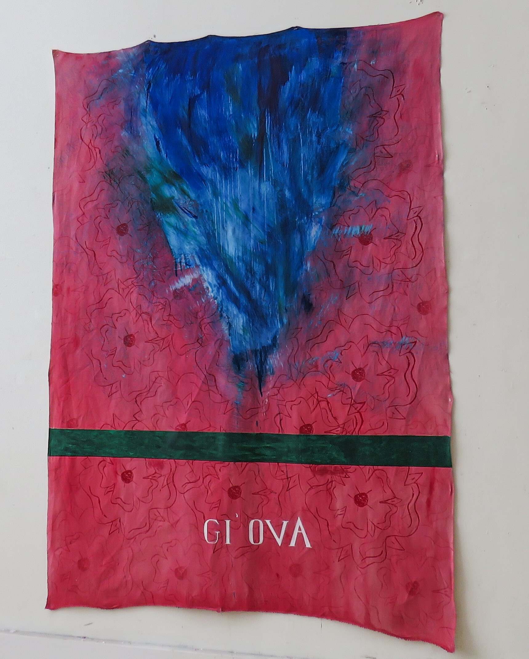 'GI'OVA' by Katy Longster, 2024, oil paint, acrylic paint, oil pastel and screen printing on canvas. Size: 1.50 meters by 2.20 meters