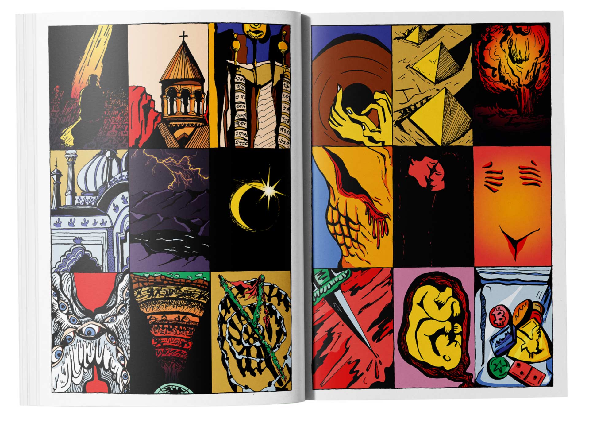 A spread of a comics with 9 panels on each page