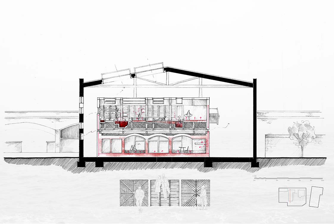 Section of bathhouse shows bathing pools of different depths, within the bathhouse - a new building situated within an existing old mill. The existing building roof has a new roof light that allows light to then punctuate the bathhouse through secondary roof lights.