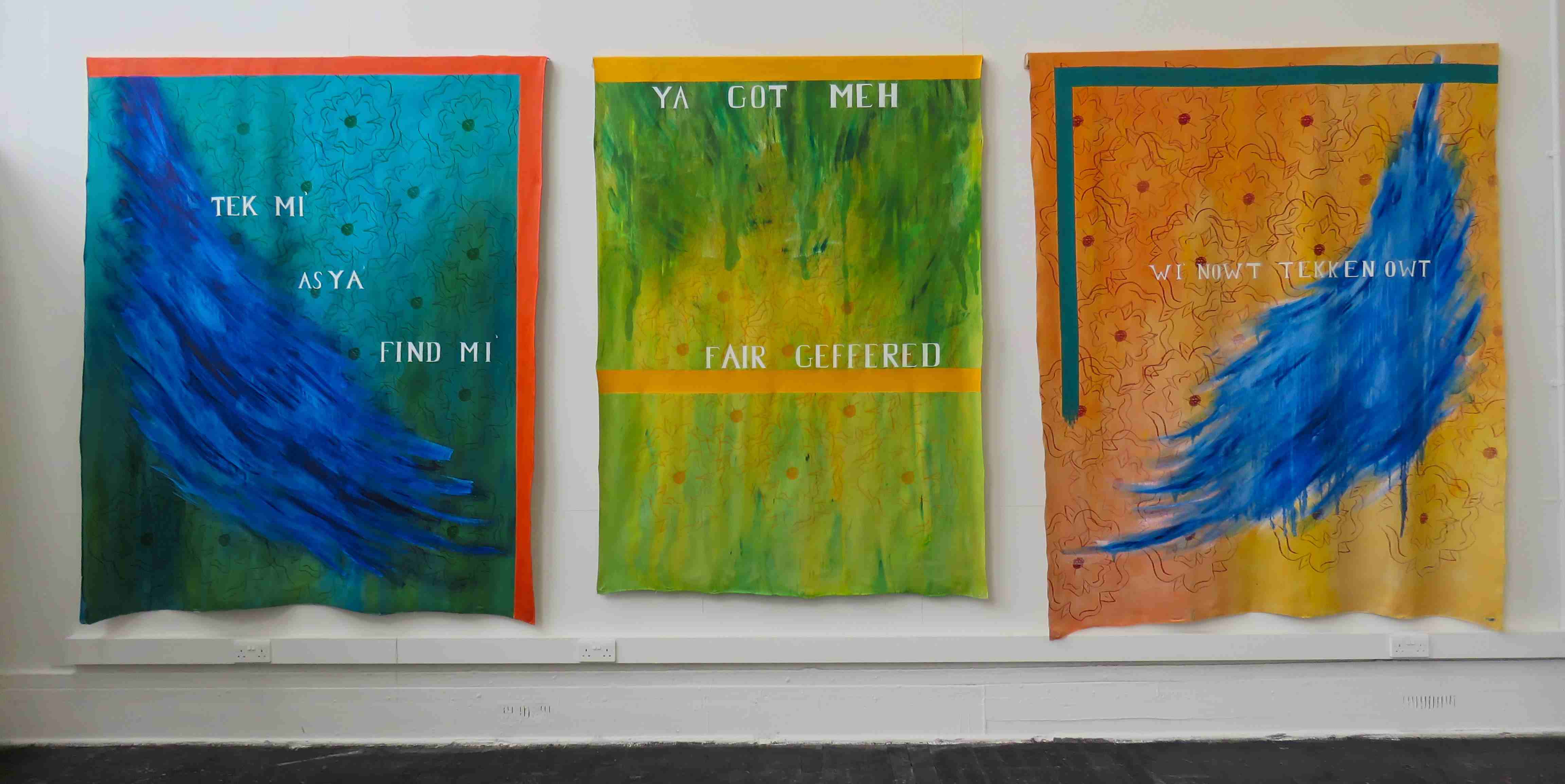 'Family Panels' by Katy Longster, 2024, oil paint, acrylic paint, oil paste and screen printing on canvas.