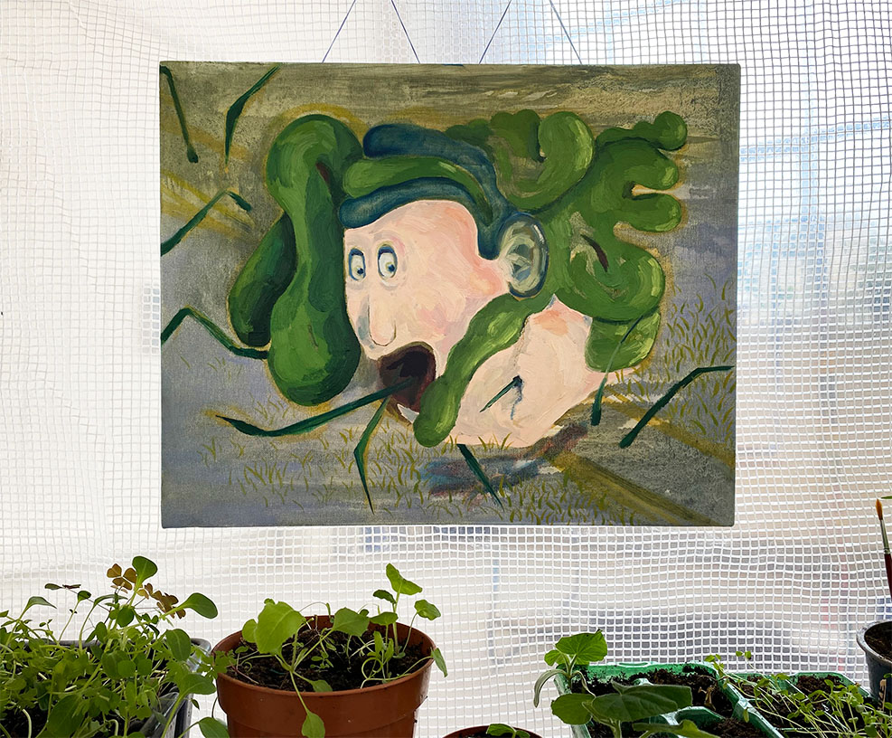 Image of blobby figure with green pipes around his head, resembling medusa. The figure is trying to cross a spiky boundary but has been stabbed in the cheek by one of the spikes. 