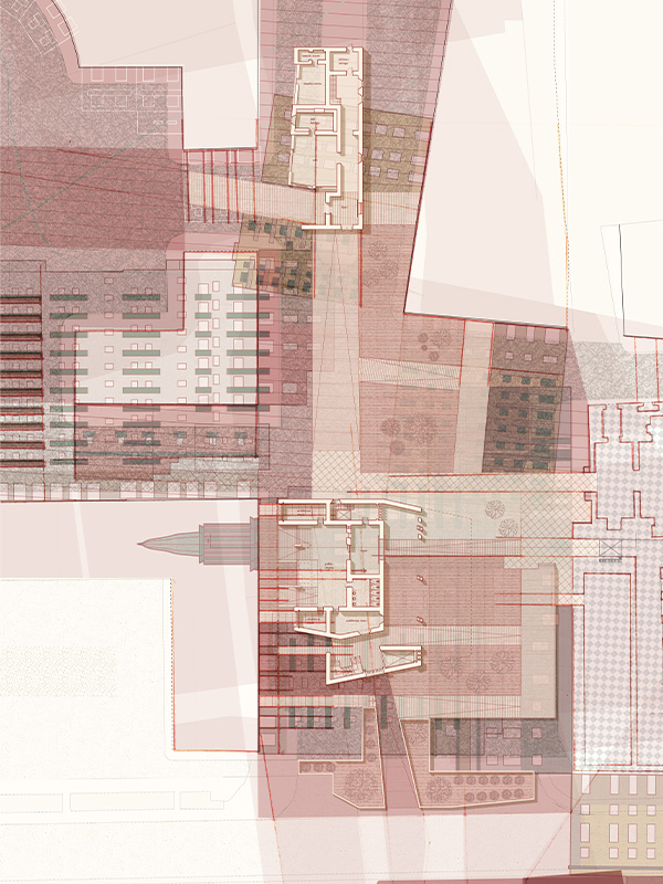Ground floor plan - the shelter programmatically unfolding on the urban carpet