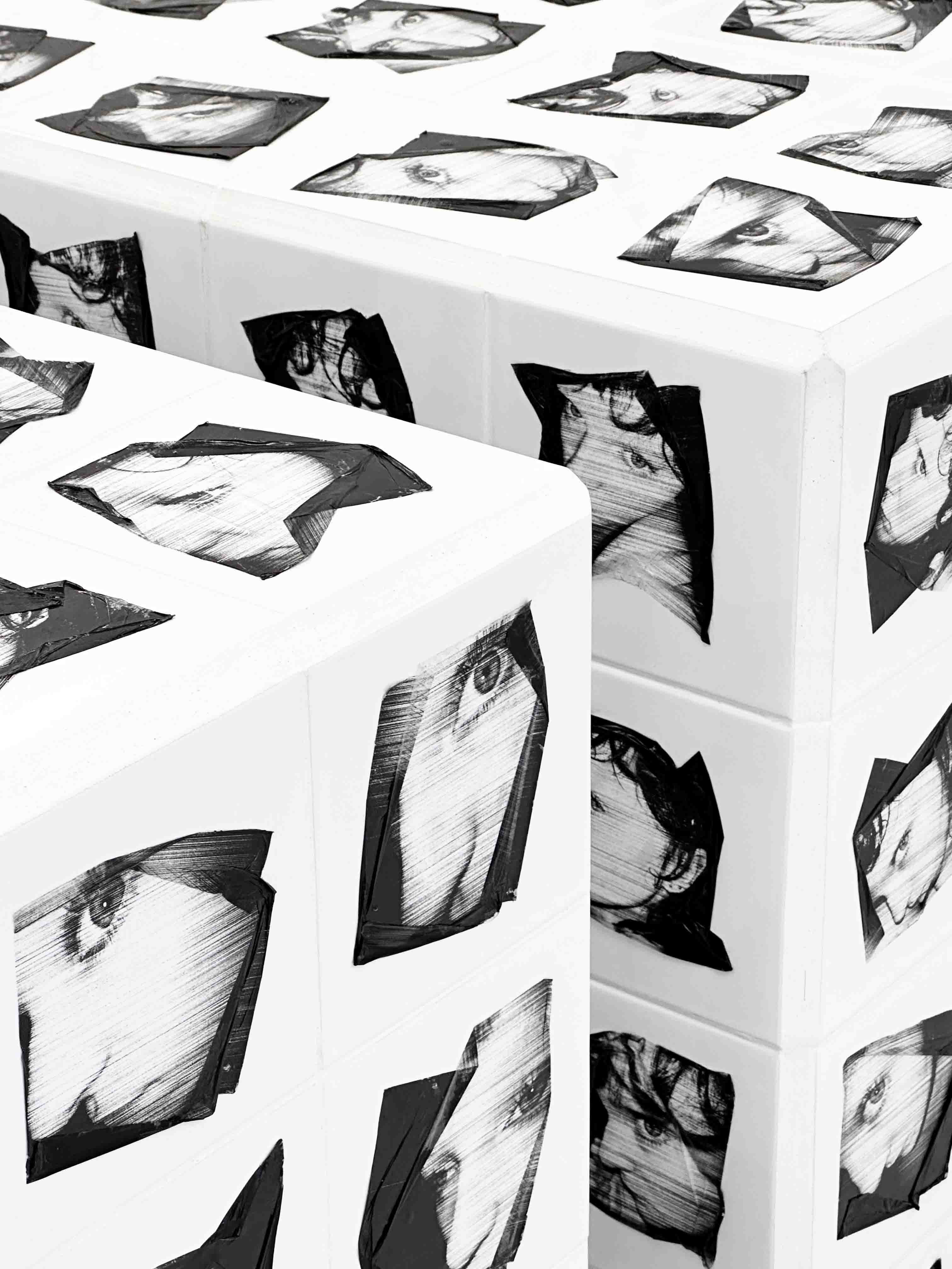 Molly Mavor, DETRITUS #7, 2024, 62 x 62cm x 62cm, ceramic tiles, acetate transfer, ink, grout, adhesive, plywood, 2024.