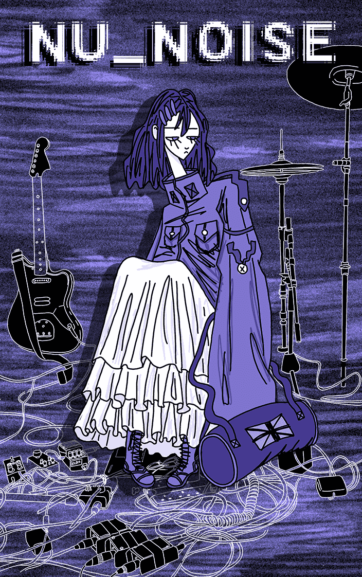 Black inky soundwave back ground with live music set up outlines and purple illustration of girl in long white skirt over top. NU_NOISE title at the top