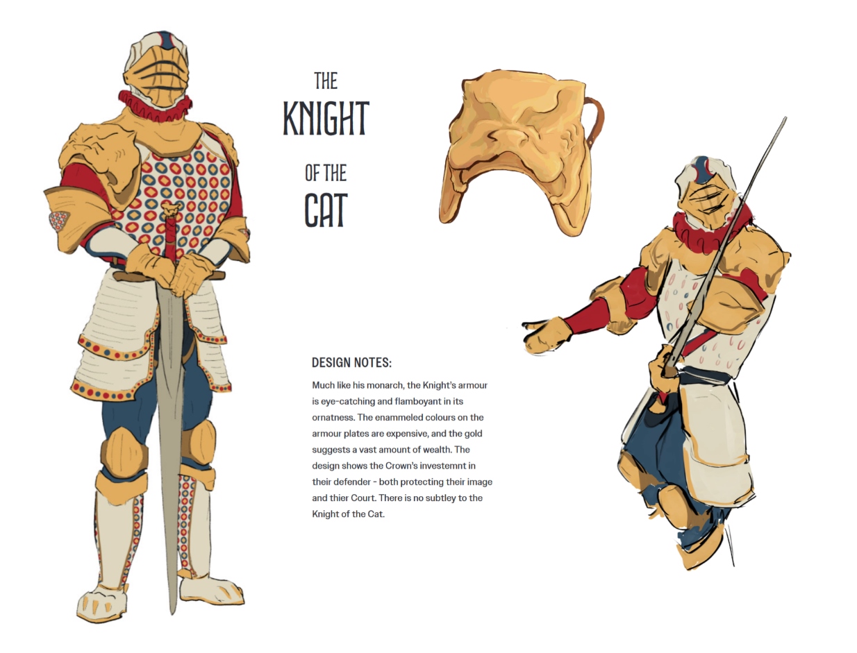 A character sheet of a knight design. The knight is wearing ornate golden armour with a ruff around their neck. The shoulder plates are formed like a panther's face.