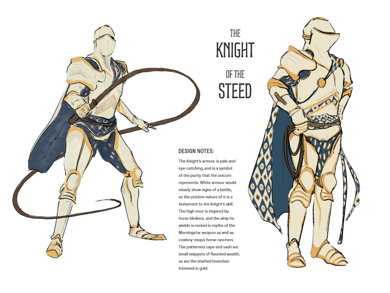 A character sheet of a knight design. The knight is wearing pale armour, a blue cape and has a whip.