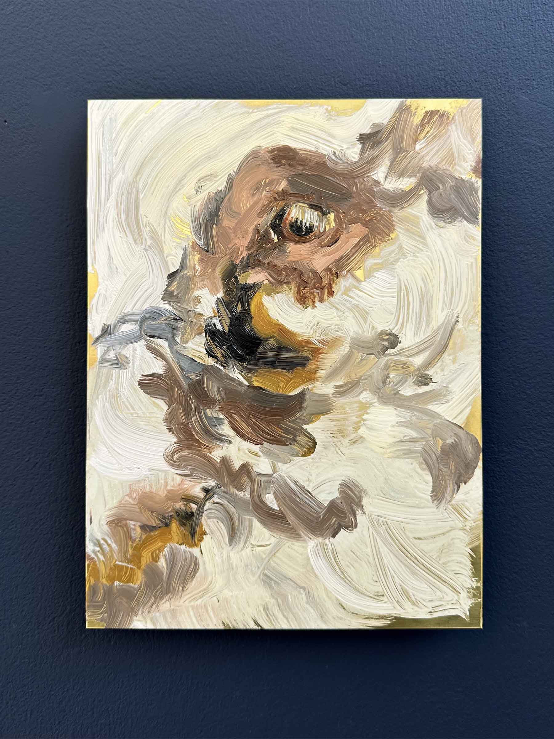 oil painting of eye on brass panel on a blue wall