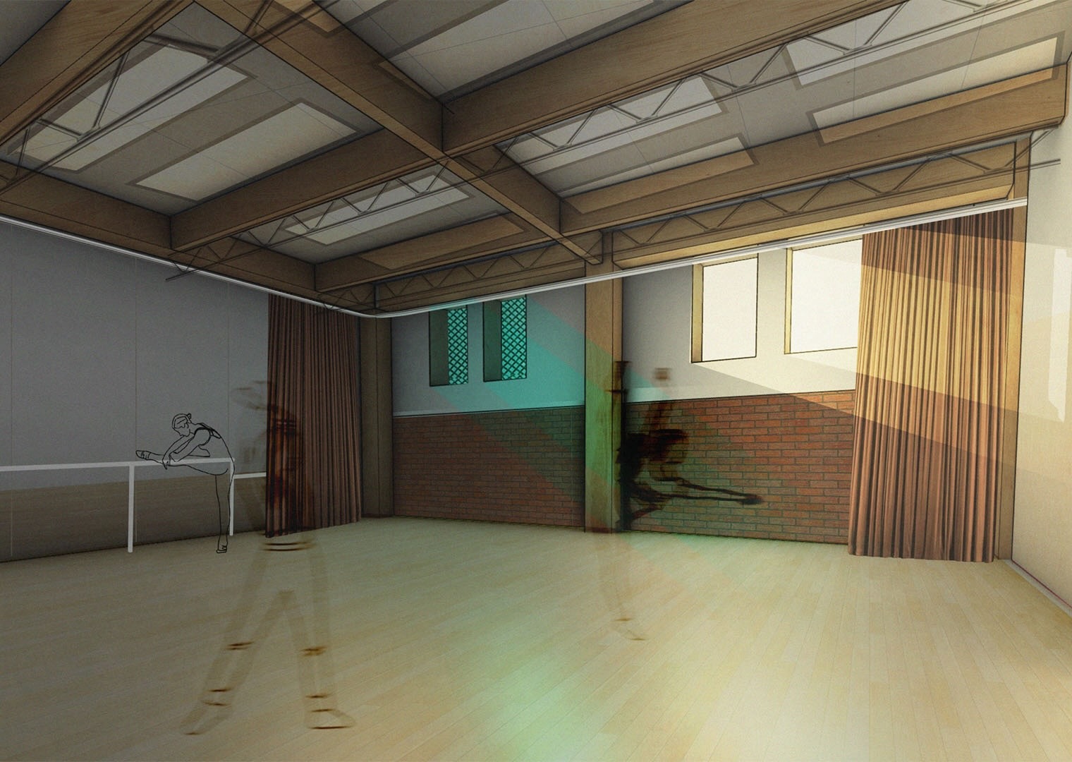 Render showing wooden floors, inhabitation, glulam frame, natural light, exposed brick wall, curtains, mirrors, and barre.