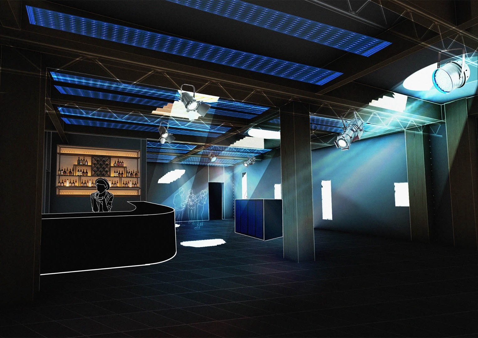 render showing bar, people, DJ Booth, LED ceiling panels, glulam frame, LED lights and moonlight from rooflights