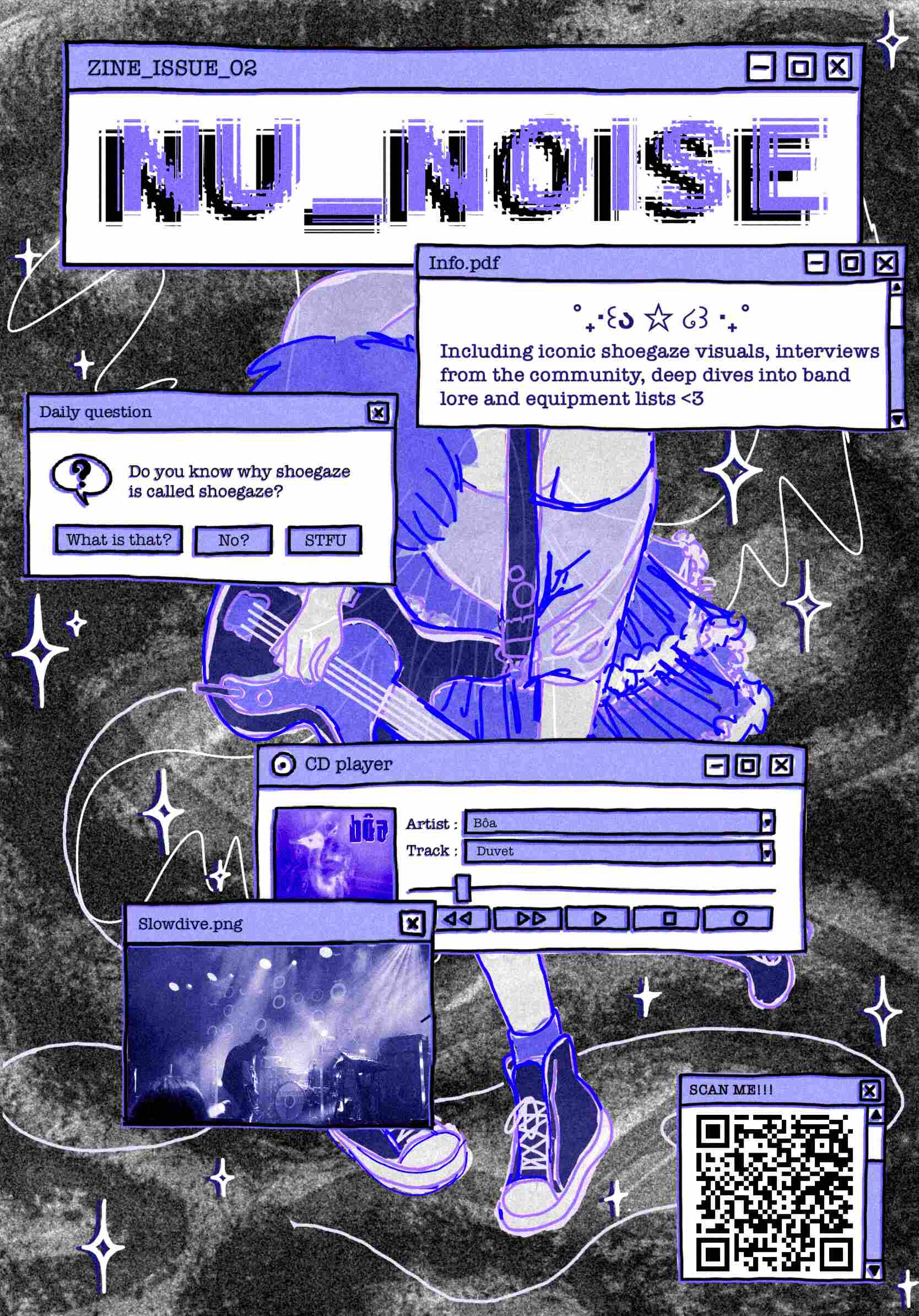 Black inky soundwave background with purple illustration of a person playing guitar surrounded by pop up web windows promoting the magazine