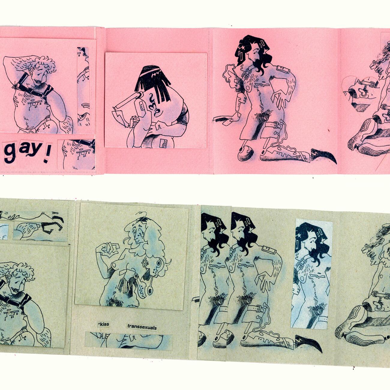 A pink and a green copy of PLAYBOT concertina zine laid out next to each other. You can see the same trans cyborg drawings in both instances, but they have been individually collaged to create different compositions on each zine.