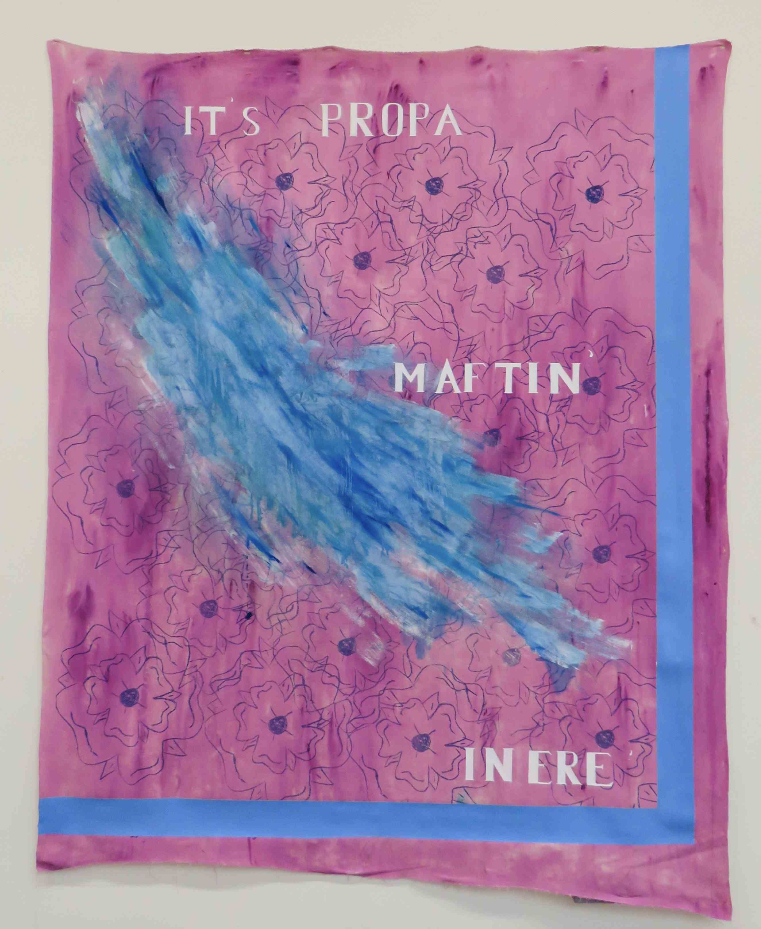 'ITS'S PROPA MAFTIN' IN ERE'' by Katy Longster, 2024, oil paint, acrylic paint, oil pastel and screen printing on canvas. size: 1.83 meters by 2.20 meters
