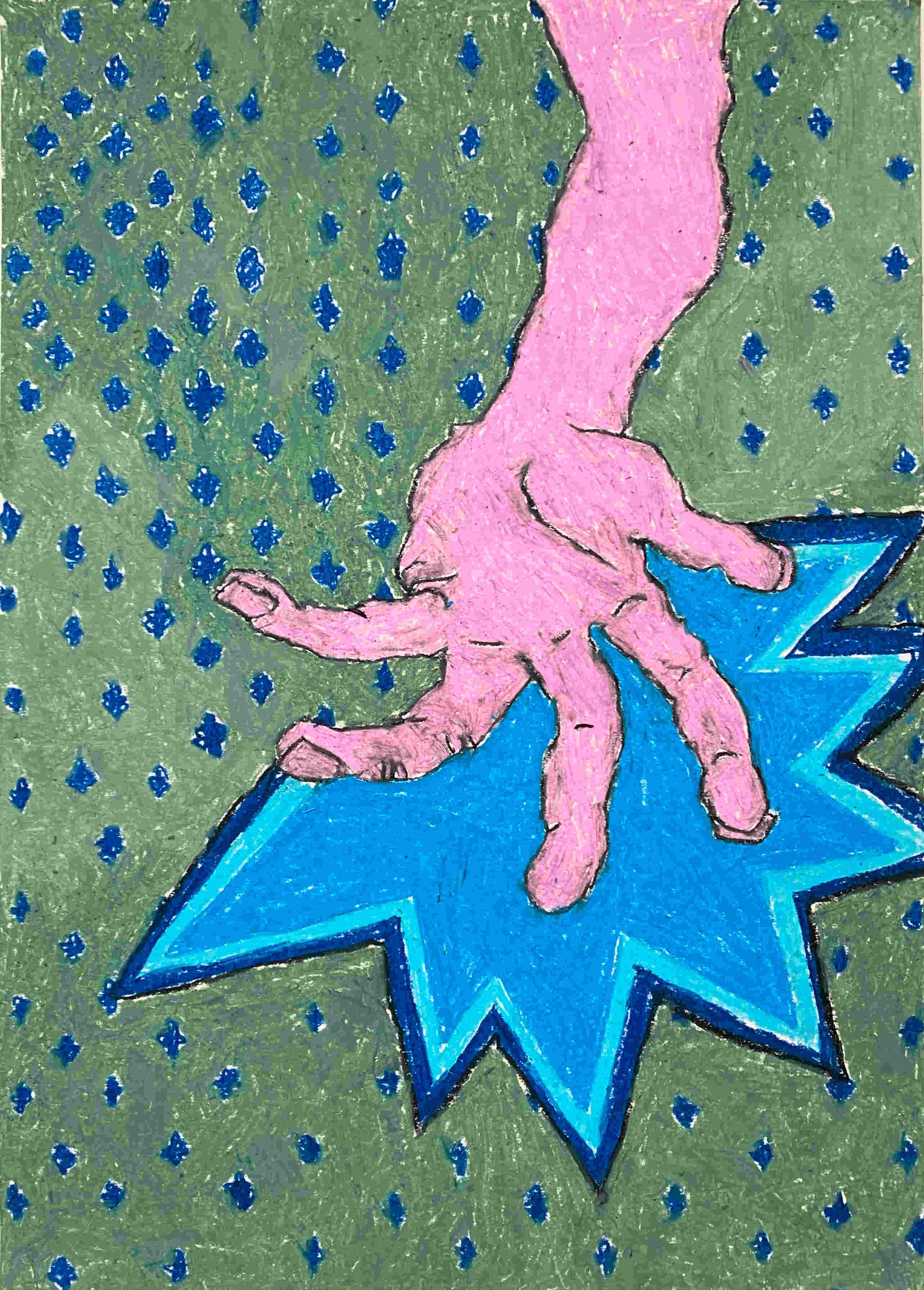 Pink hand reaches out with blue jagged exagerations behind it, all displayed in front of a wallpapered backdrop. 
