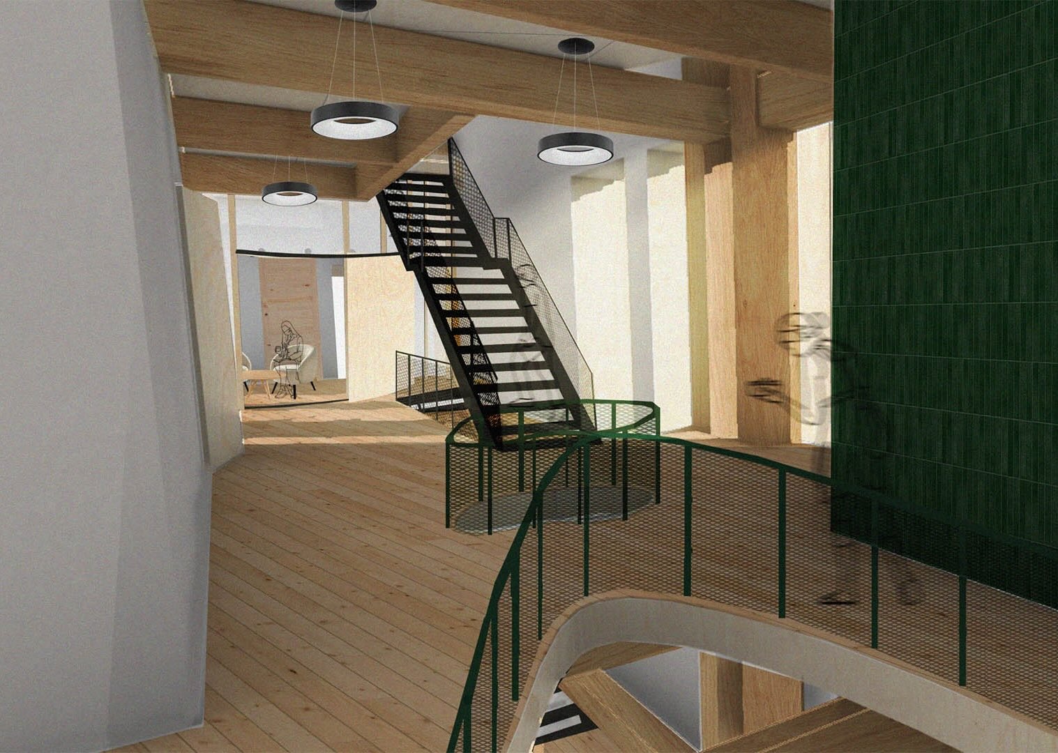 Circulation render showing steel stair, tile lift shaft, balustrade around the edge of the floor, glulam frame, and social space in the background.