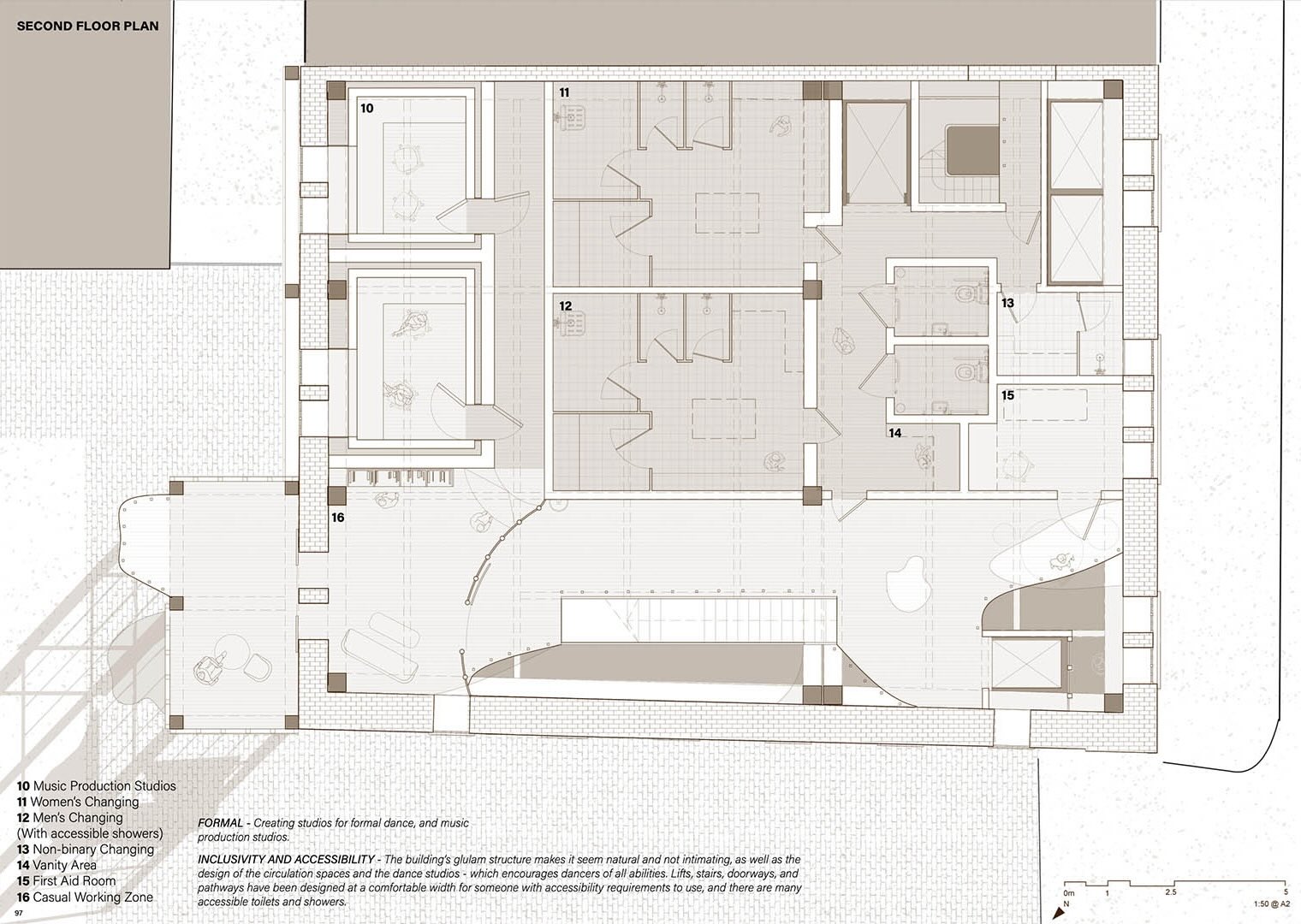 Second floor plan showing music production studios, women's changing, men's changing, non-binary changing, vanity area, first aid room, and casual working zone. 