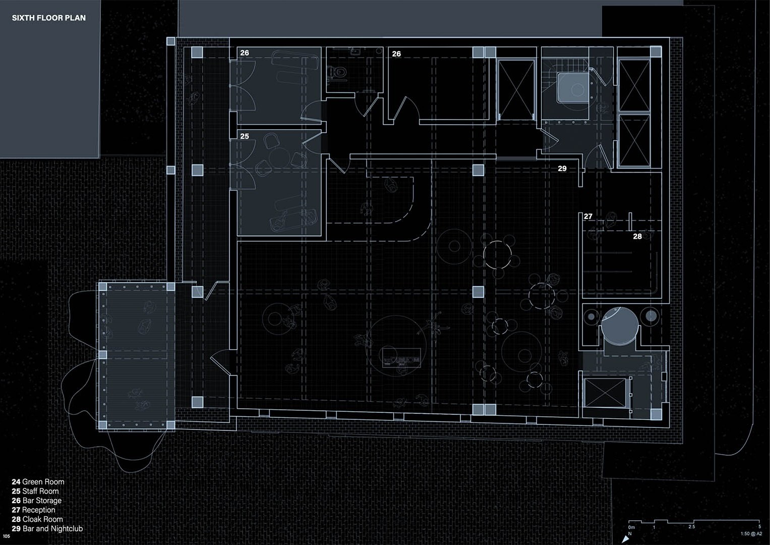 sixth floor plan drawing showing green room, staff room, bar storage, reception, cloak room, bar and nightclub.