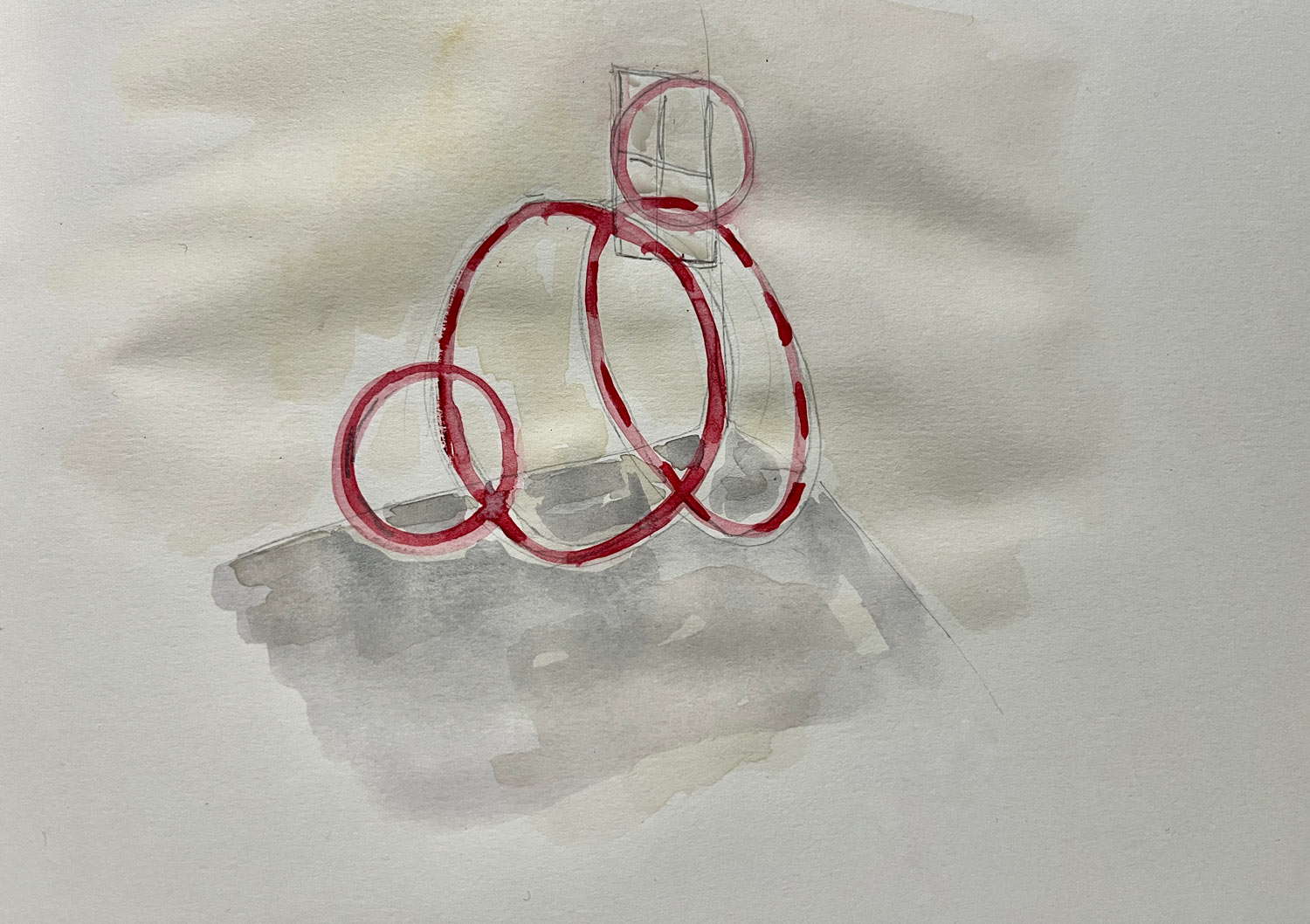 a sketch of red rings with wtaercolour