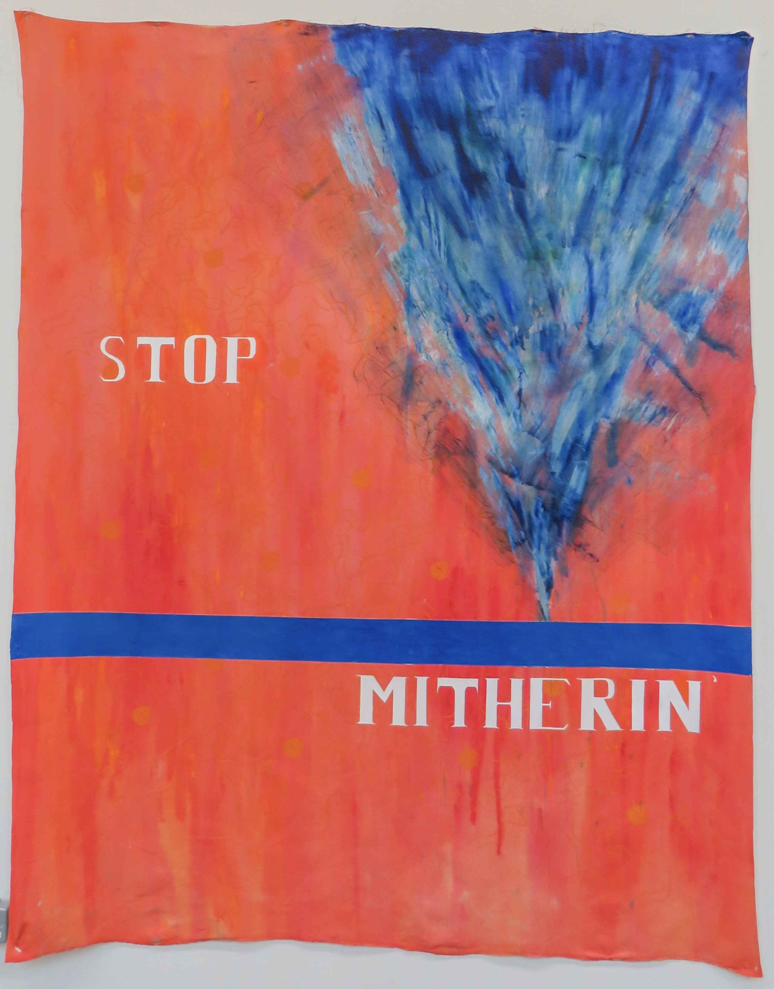 ''STOP MITHERIN'' by Katy Longster, 2024, oil paint, acrylic paint and screen printing on canvas. Size: 1.83 by 2.20 meters