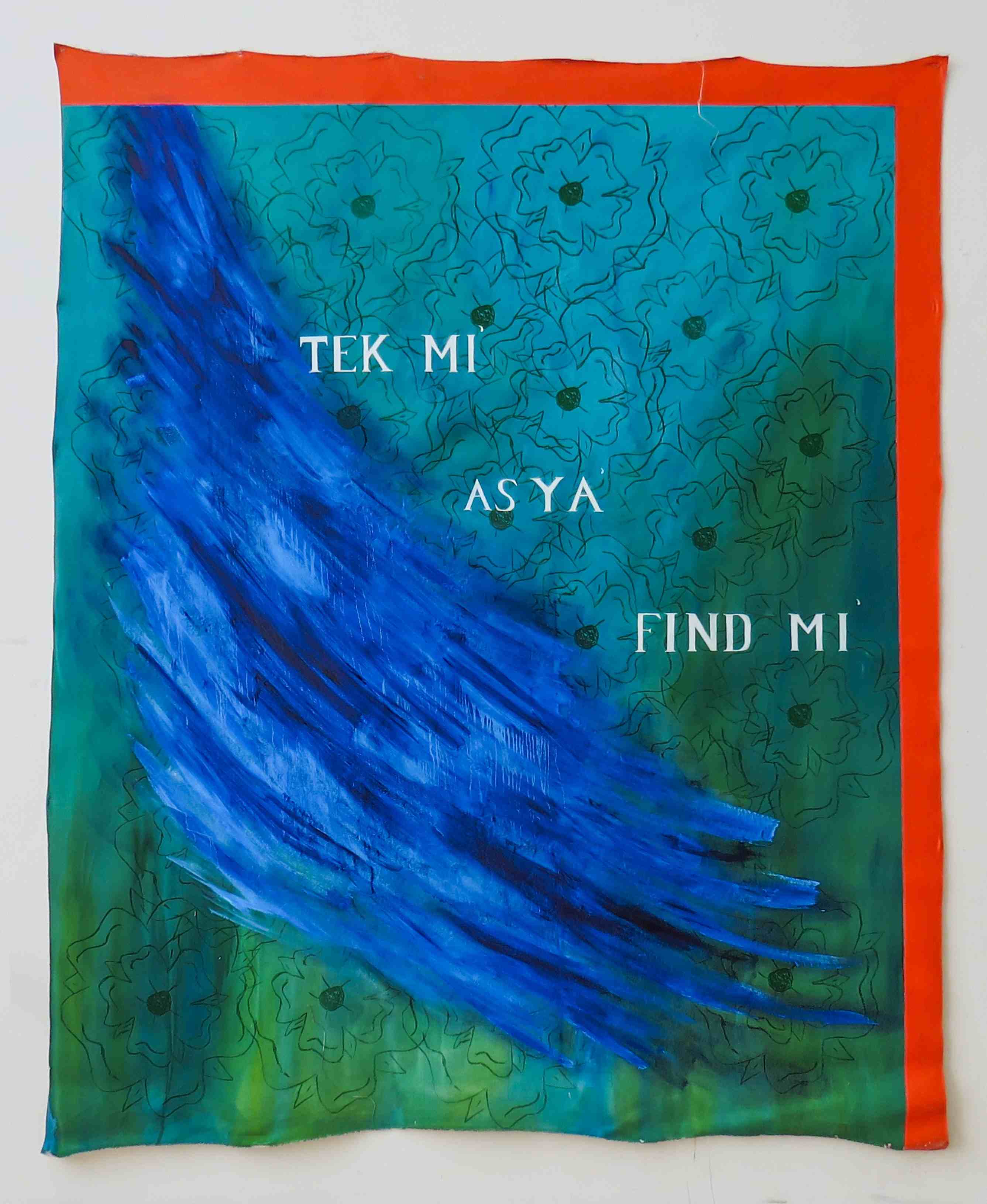 'TEK MI' AS YA' FIND MI' by Katy Longster, 2024, oil paint, acrylic paint, oil pastel and screen printing on canvas. Size: 1.83 meters by 2.20 meters