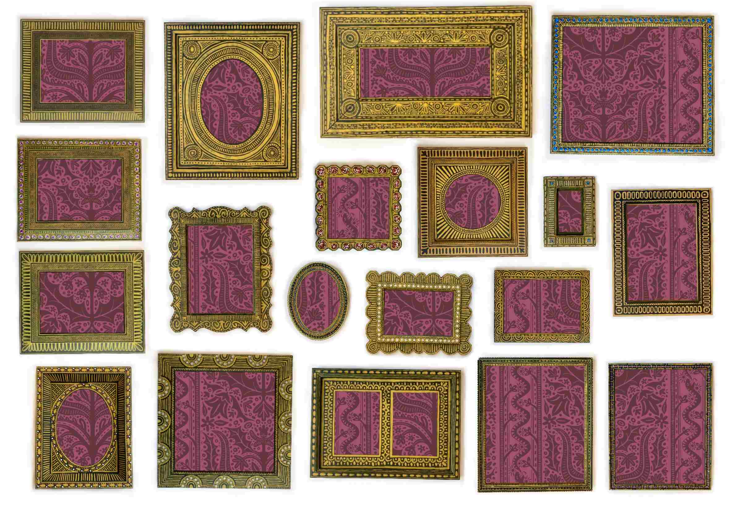 19 hand painted frames of various sizes displaying purple wallpaper.