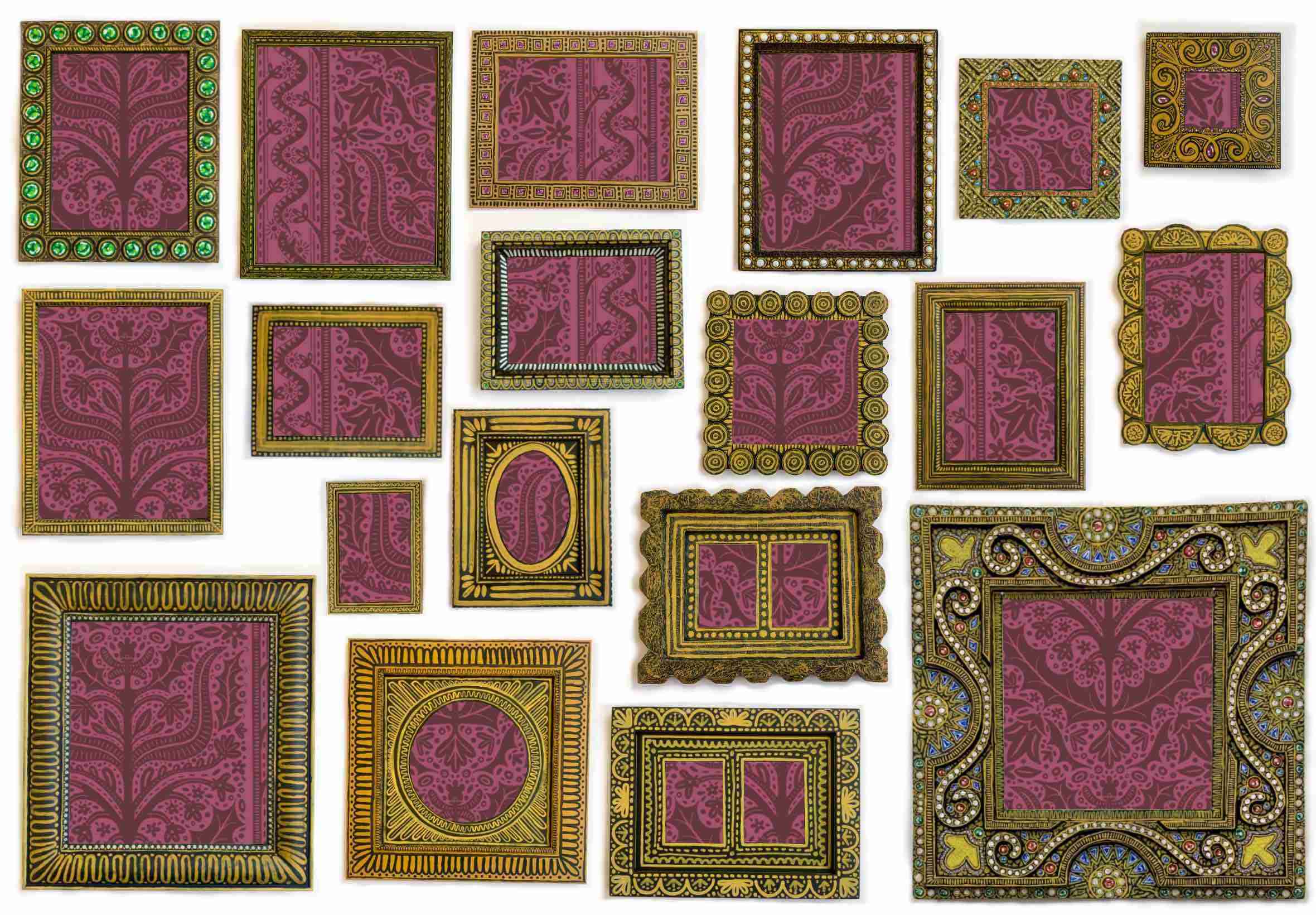 19 hand painted frames of various sizes displaying wallpaper.