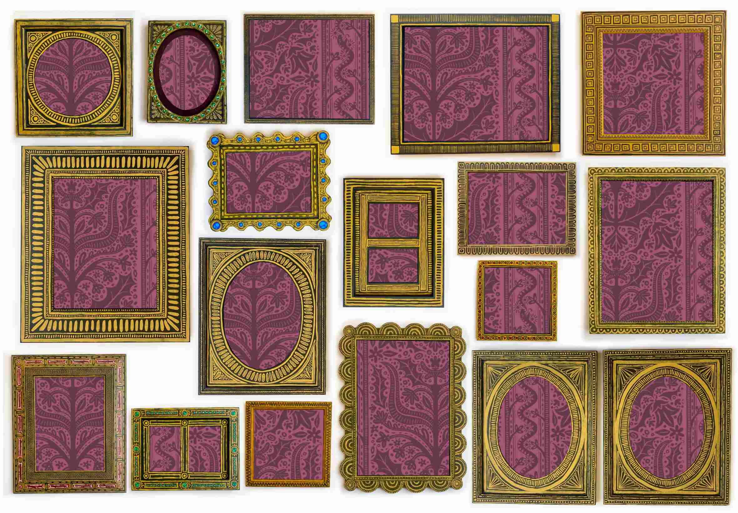 19 hand painted frames of various sizes displaying purple wallpaper.